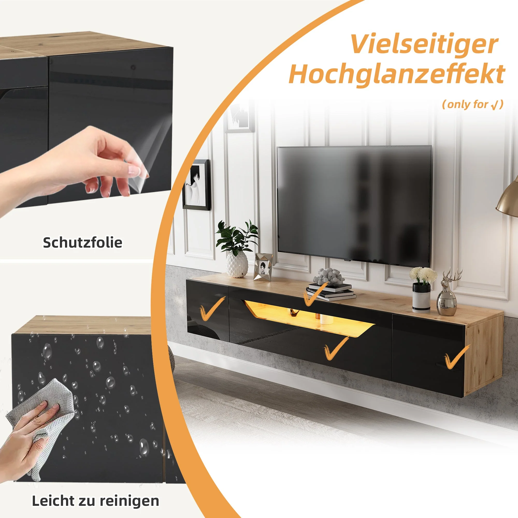 TV cabinet, 3 storage compartments, lowboard, floating wall board, LED light, wall-mountable, suitable for 75-inch TVs, black and wood color - Image 9