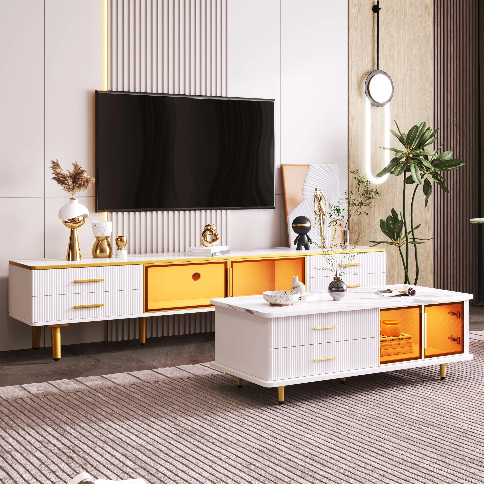 TV Cabinet, 4-Drawer, 2-Door Lowboard, Marble Look with Brown Tempered Glass - Image 6