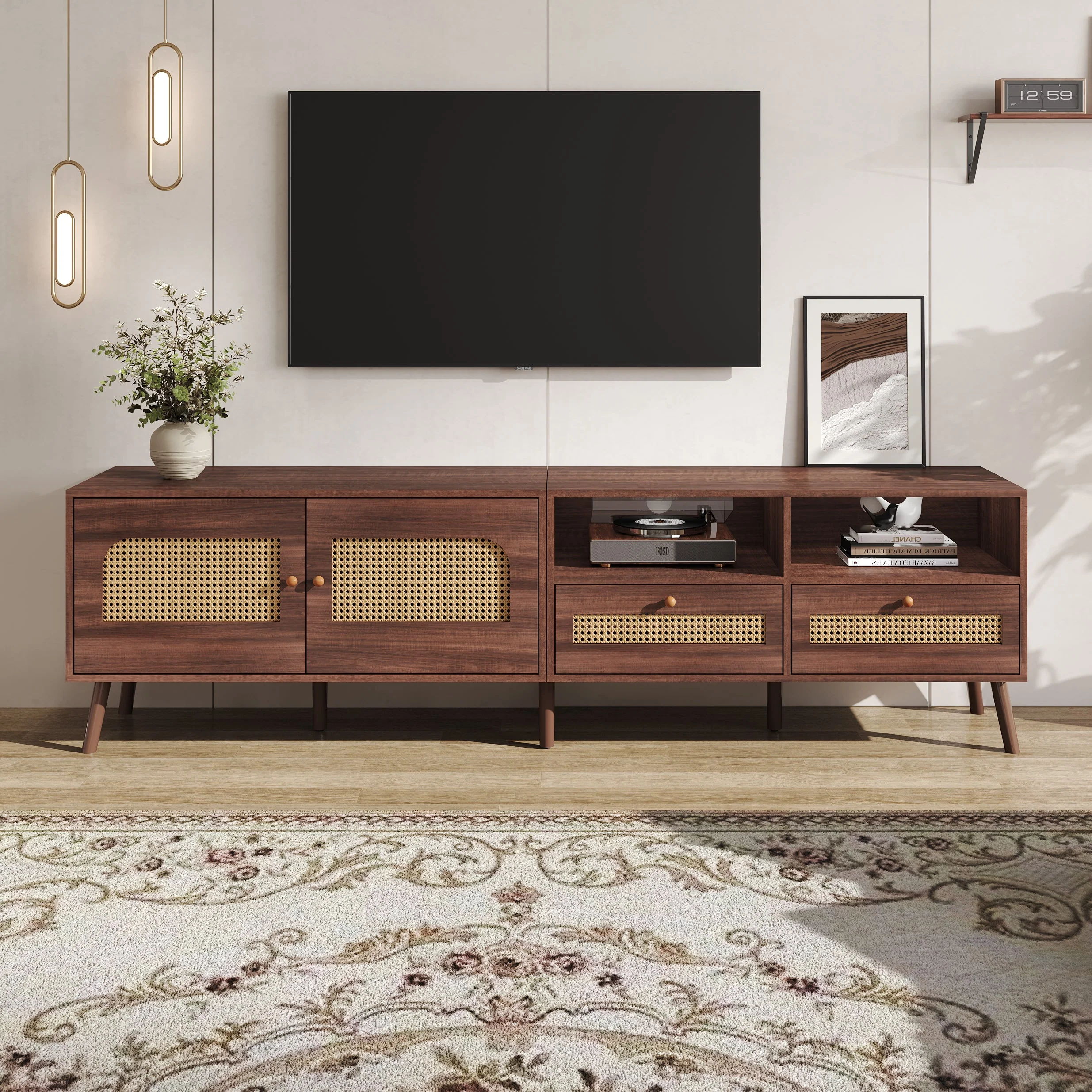 TV Cabinet, 80-inch with Rattan Doors & Drawers, Brown - Image 3