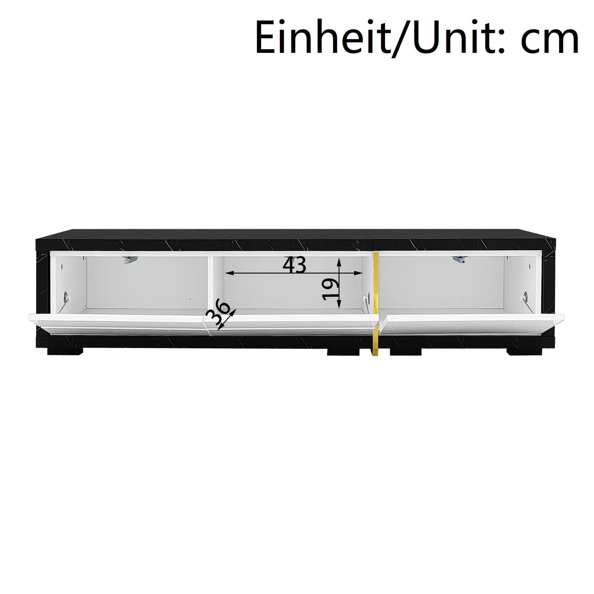 TV Cabinet, Adjustable Length (140-260 cm) Swivel, Black Marble, White High-Gloss Matte, Gold Trim - Image 7