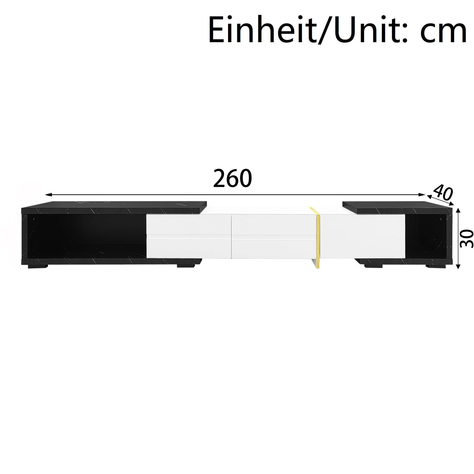 TV Cabinet, Adjustable Length (140-260 cm) Swivel, Black Marble, White High-Gloss Matte, Gold Trim - Image 8