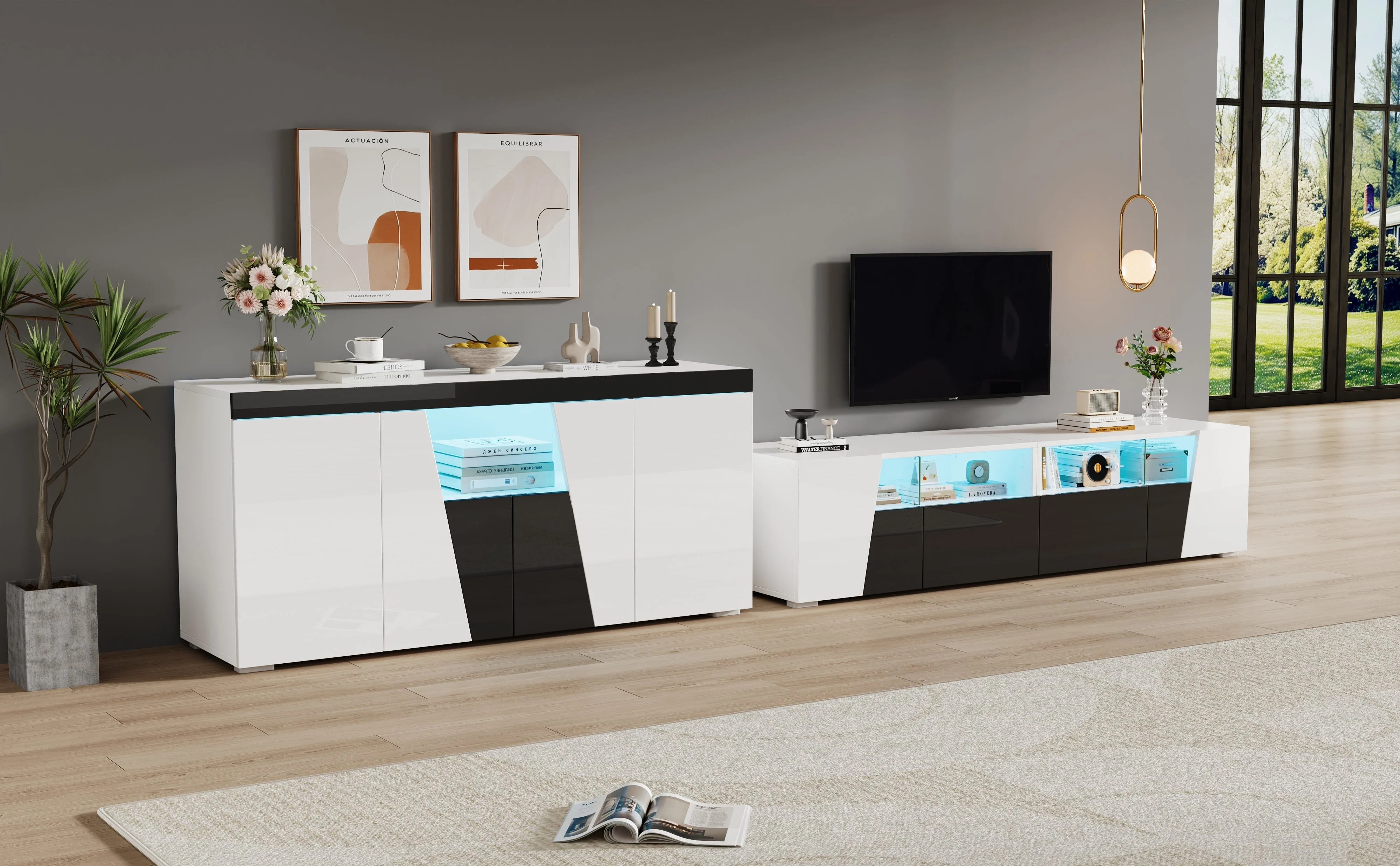 TV Cabinet and Sideboard Set High-Gloss LED Lowboard - Black and White - Image 4