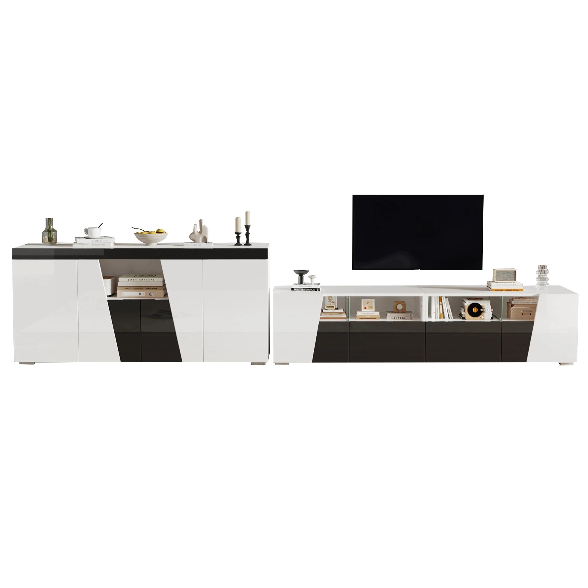 TV Cabinet and Sideboard Set High-Gloss LED Lowboard - Black and White - Image 7