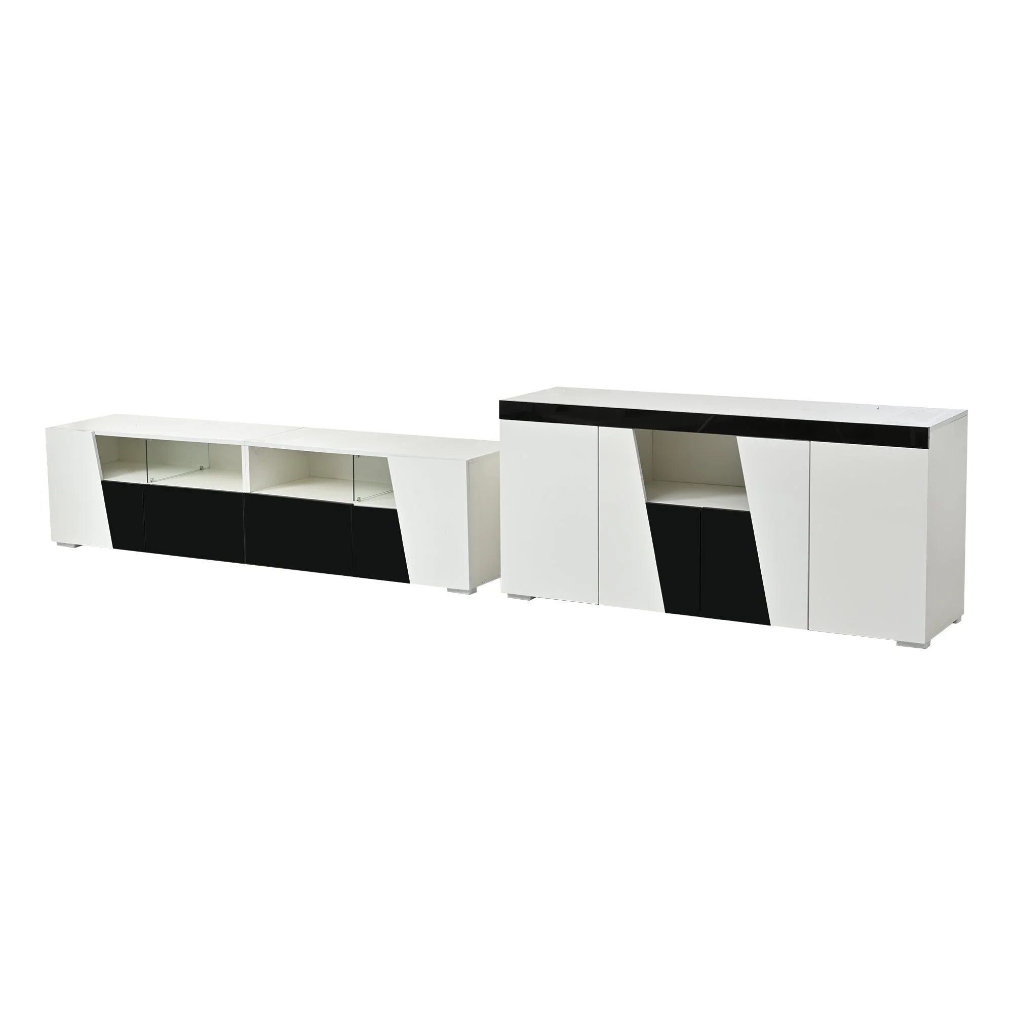 TV Cabinet and Sideboard Set High-Gloss LED Lowboard - Black and White - Image 9