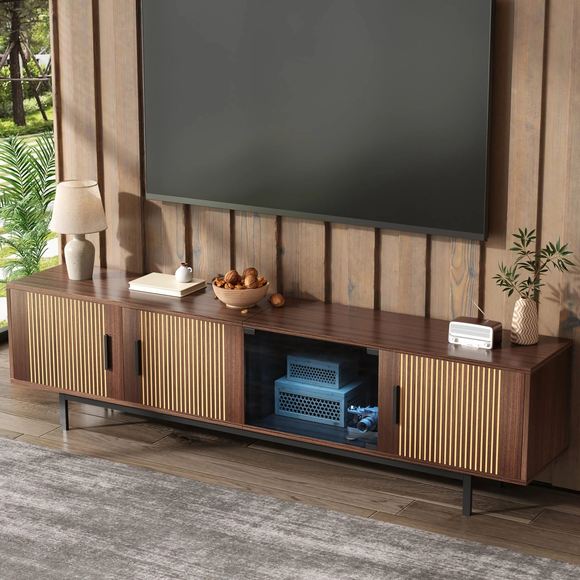 TV Cabinet, Carved Texture LED Lowboard with Tempered Glass, Black and Wood - Image 4