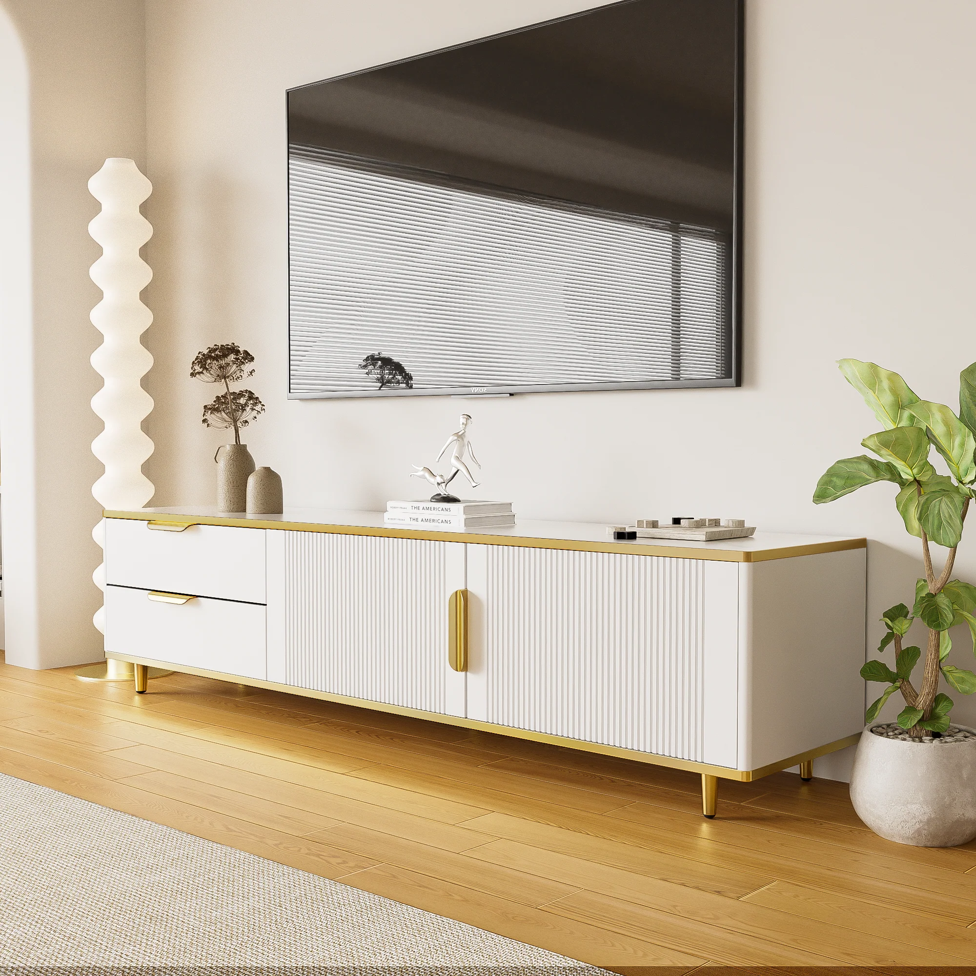 TV Cabinet, Carved Texture with Golden Handles & Feet, Marble - Image 2