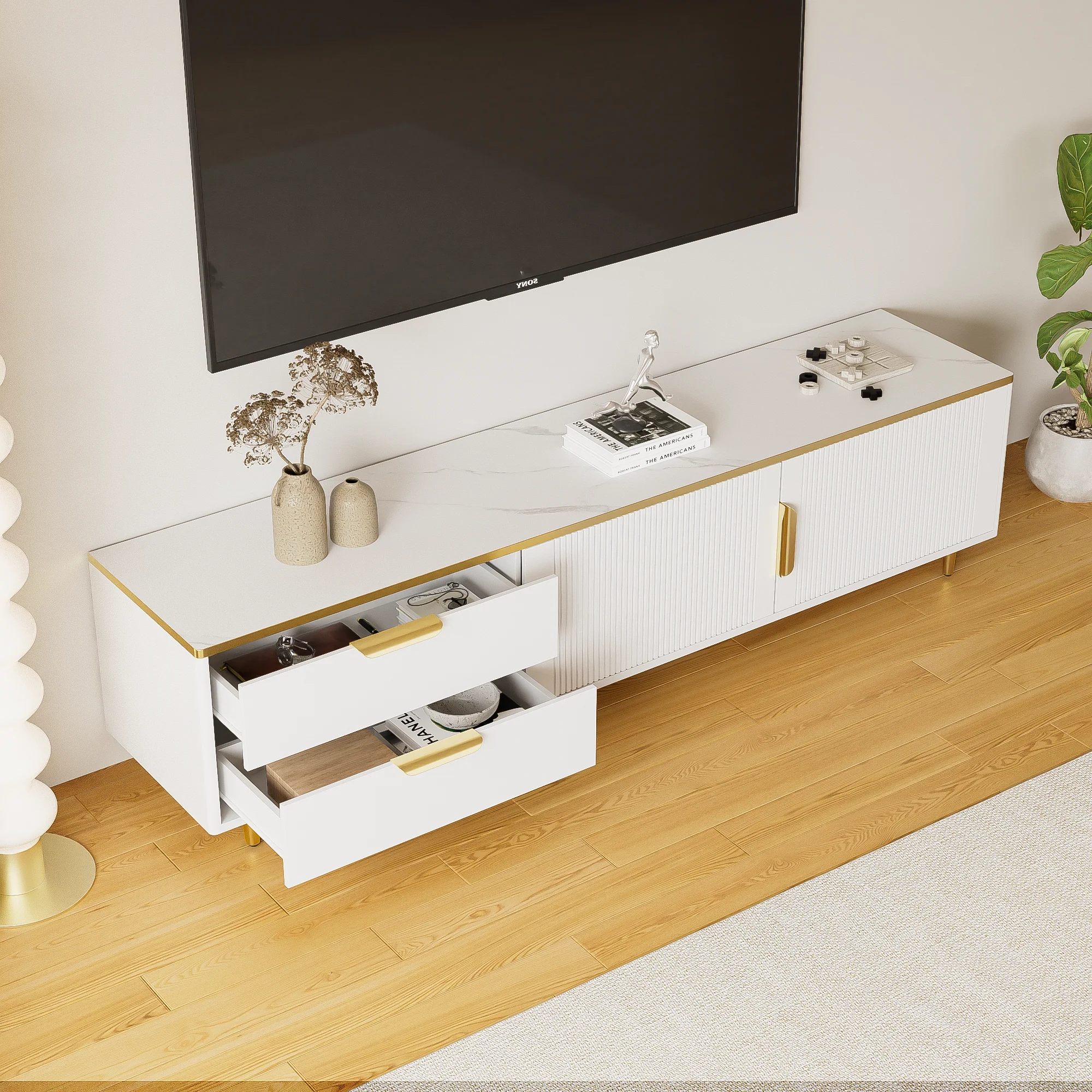 TV Cabinet, Carved Texture with Golden Handles & Feet, Marble - Image 3