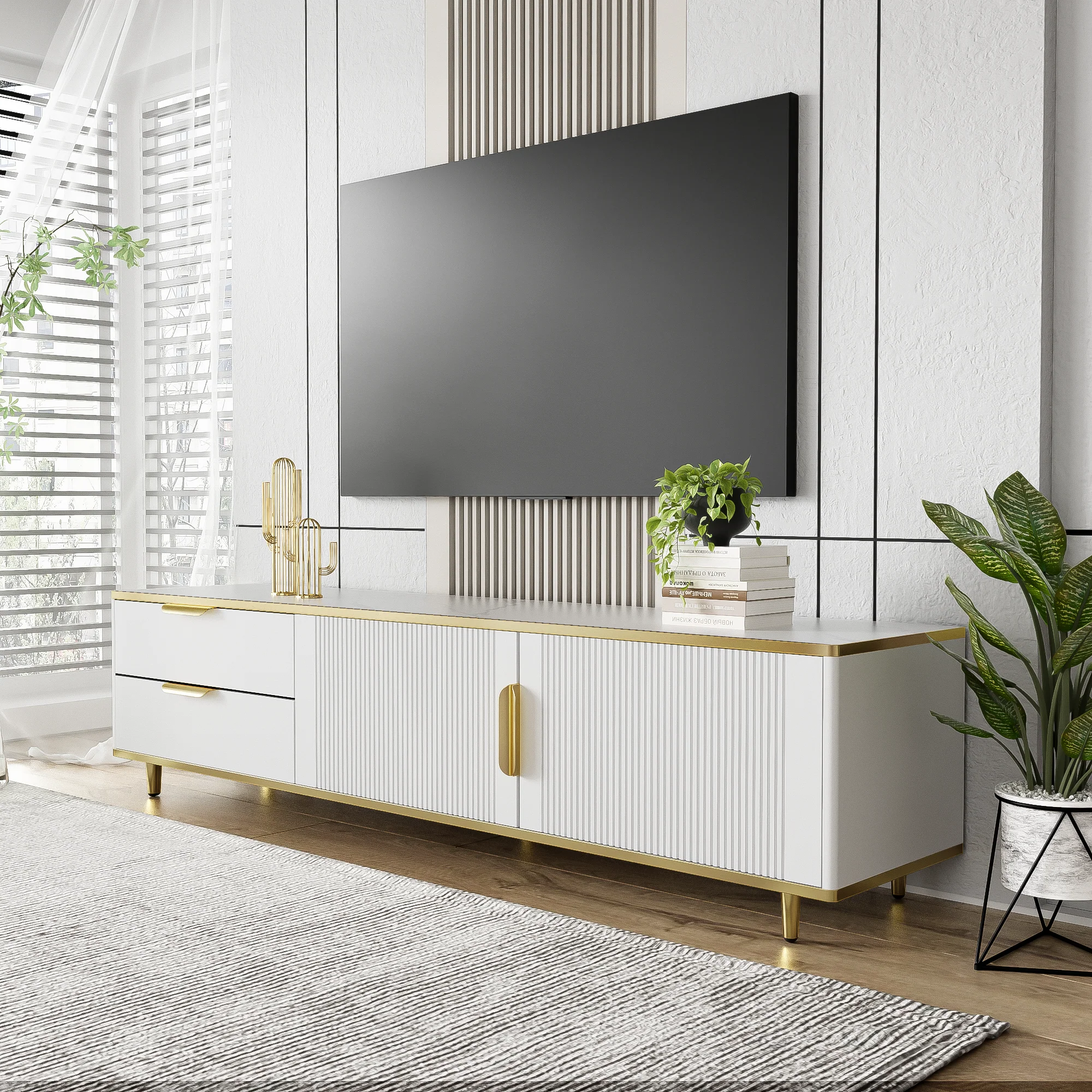 TV Cabinet, Carved Texture with Golden Handles & Feet, Marble - Image 4