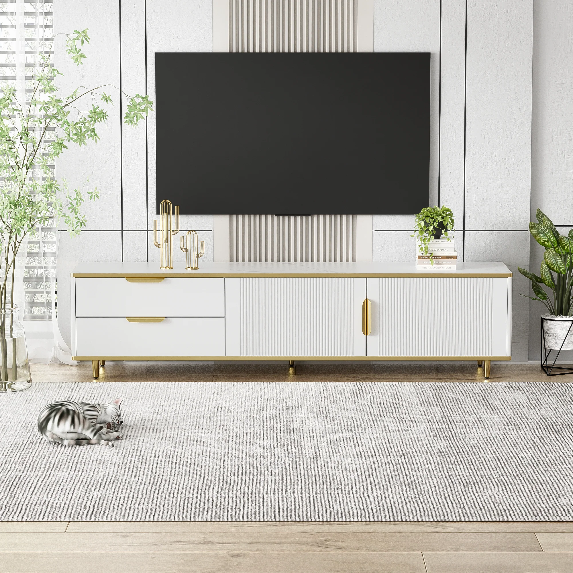 TV Cabinet, Carved Texture with Golden Handles & Feet, Marble - Image 5