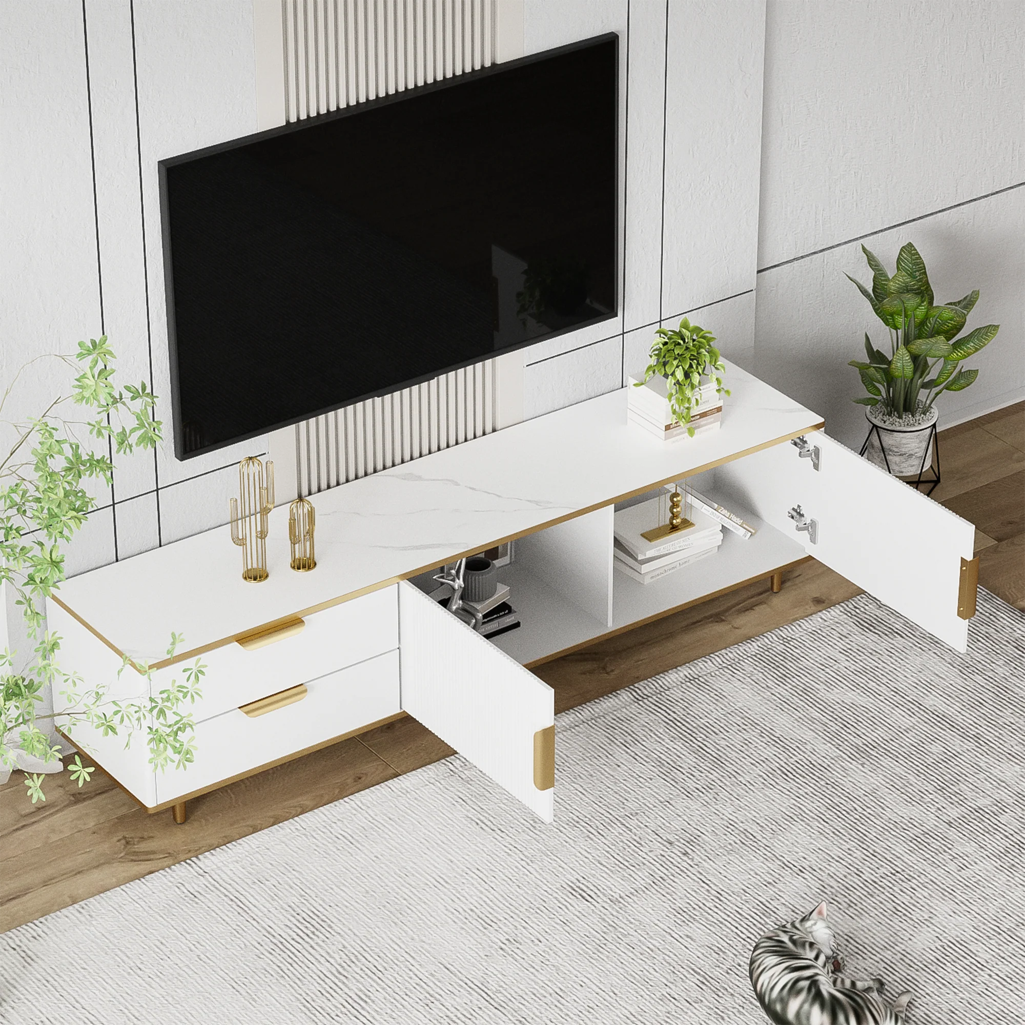 TV Cabinet, Carved Texture with Golden Handles & Feet, Marble - Image 6
