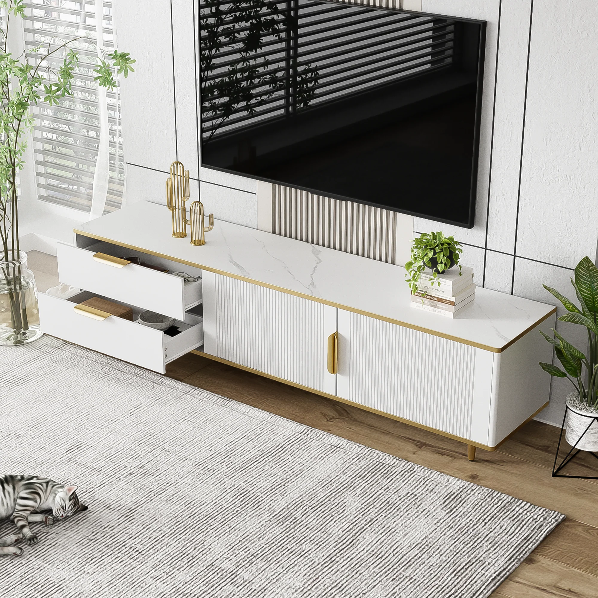 TV Cabinet, Carved Texture with Golden Handles & Feet, Marble - Image 7
