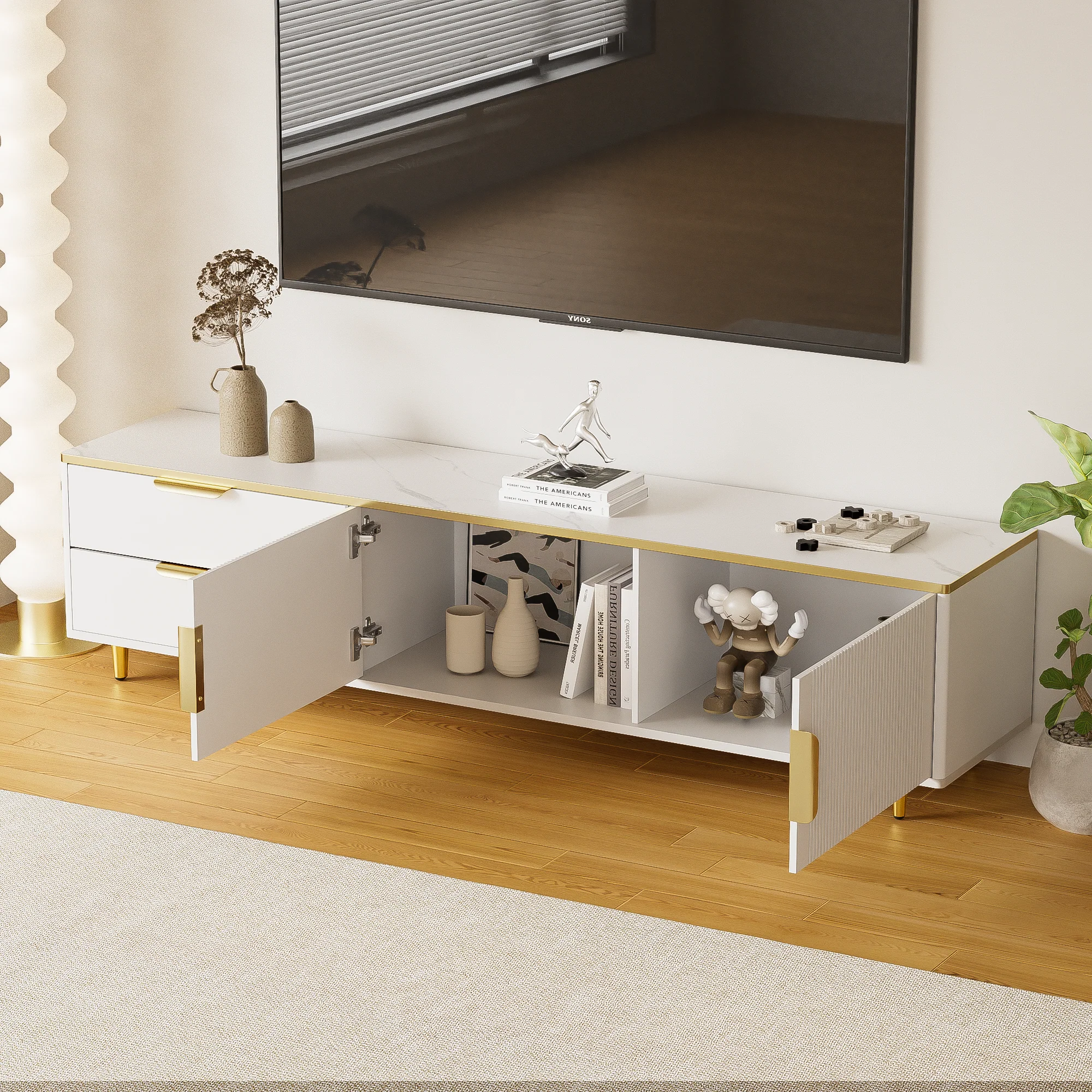 TV Cabinet, Carved Texture with Golden Handles & Feet, Marble - Image 8