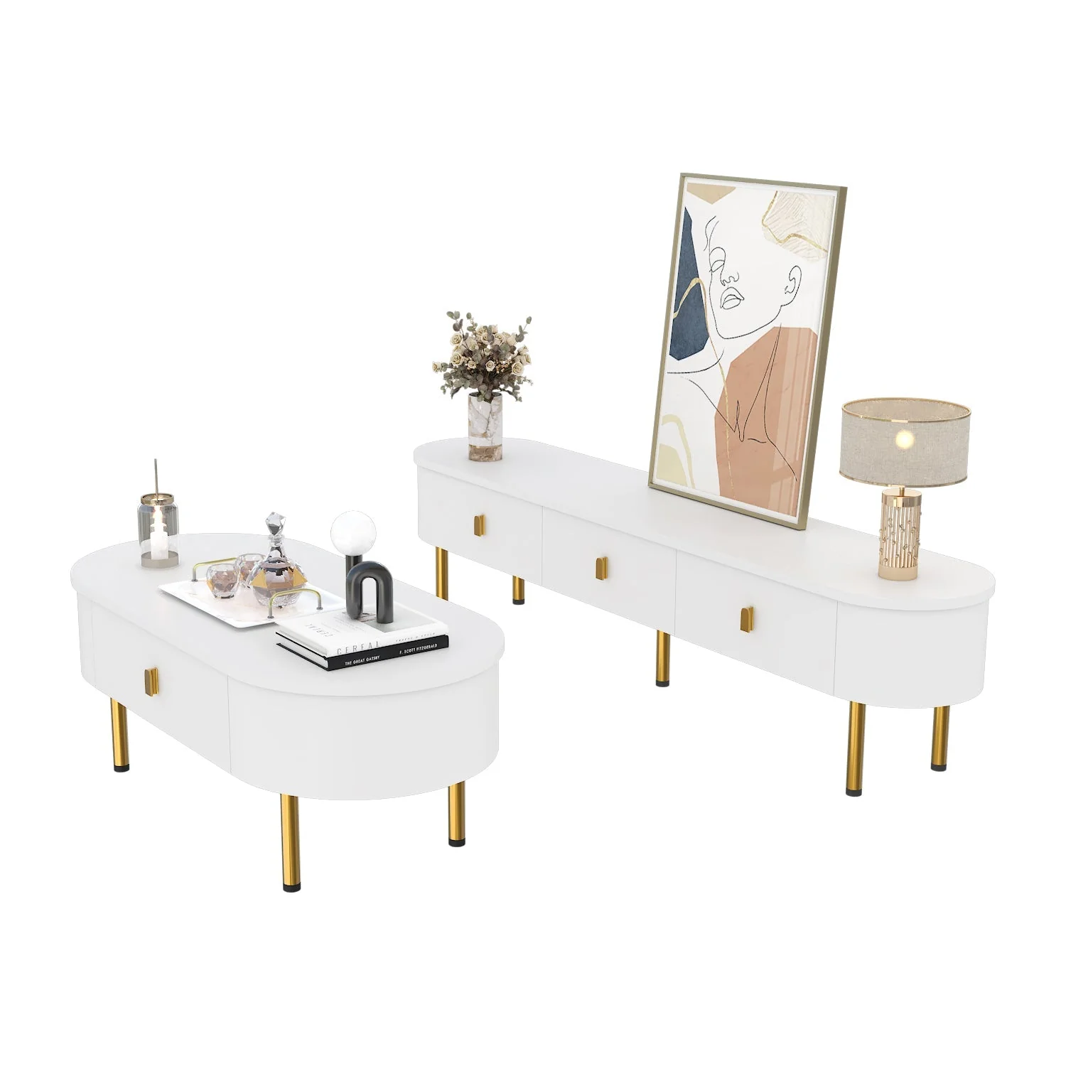 TV Cabinet Coffee Table Set, Luxury Living Room Combination with Drawers, Rounded Corners, White and Gold - Image 9