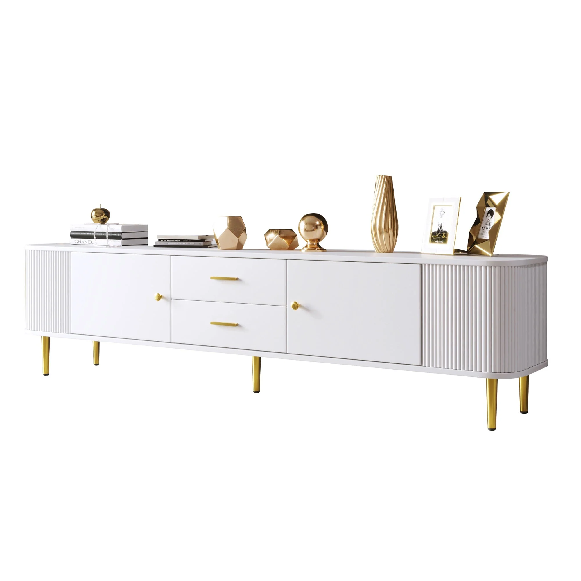 TV Cabinet, Curved Corners Wavy Sides Drawers, Gold Handles and Legs - Image 2
