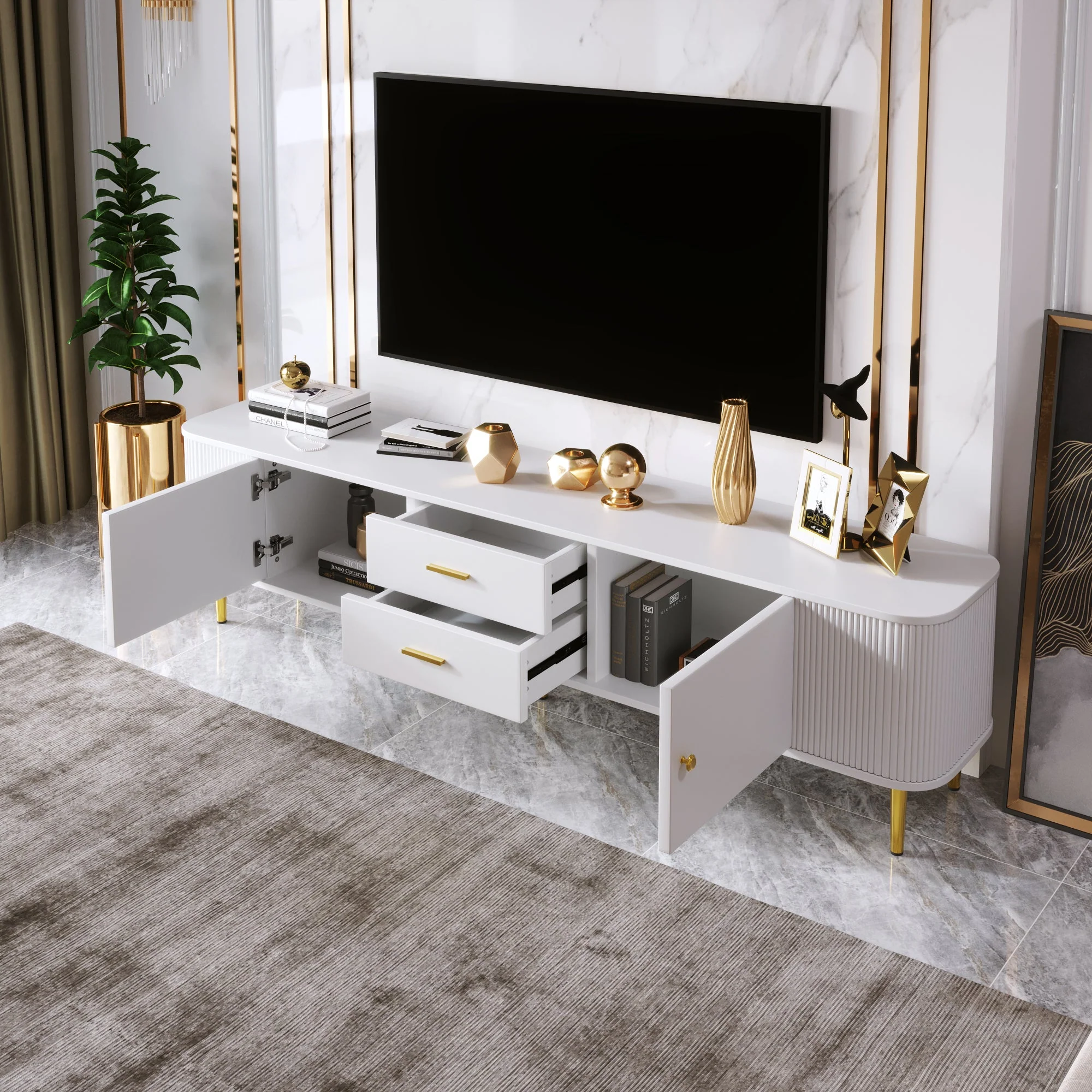 TV Cabinet, Curved Corners Wavy Sides Drawers, Gold Handles and Legs - Image 5