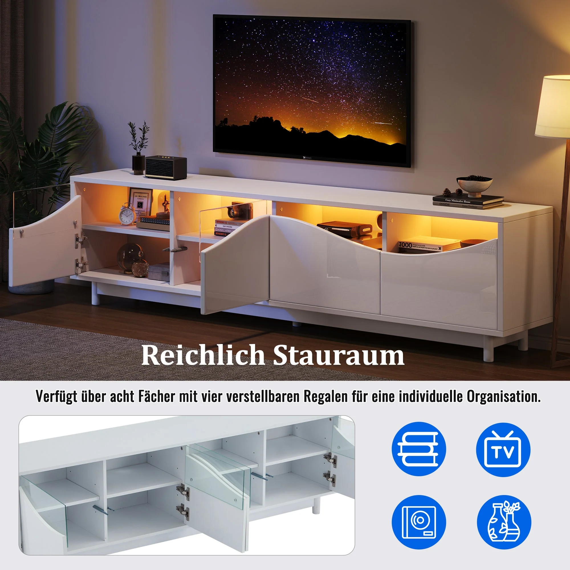 TV Cabinet, Curved High-Gloss with Tempered Glass Door & LED Lighting, White - Image 7