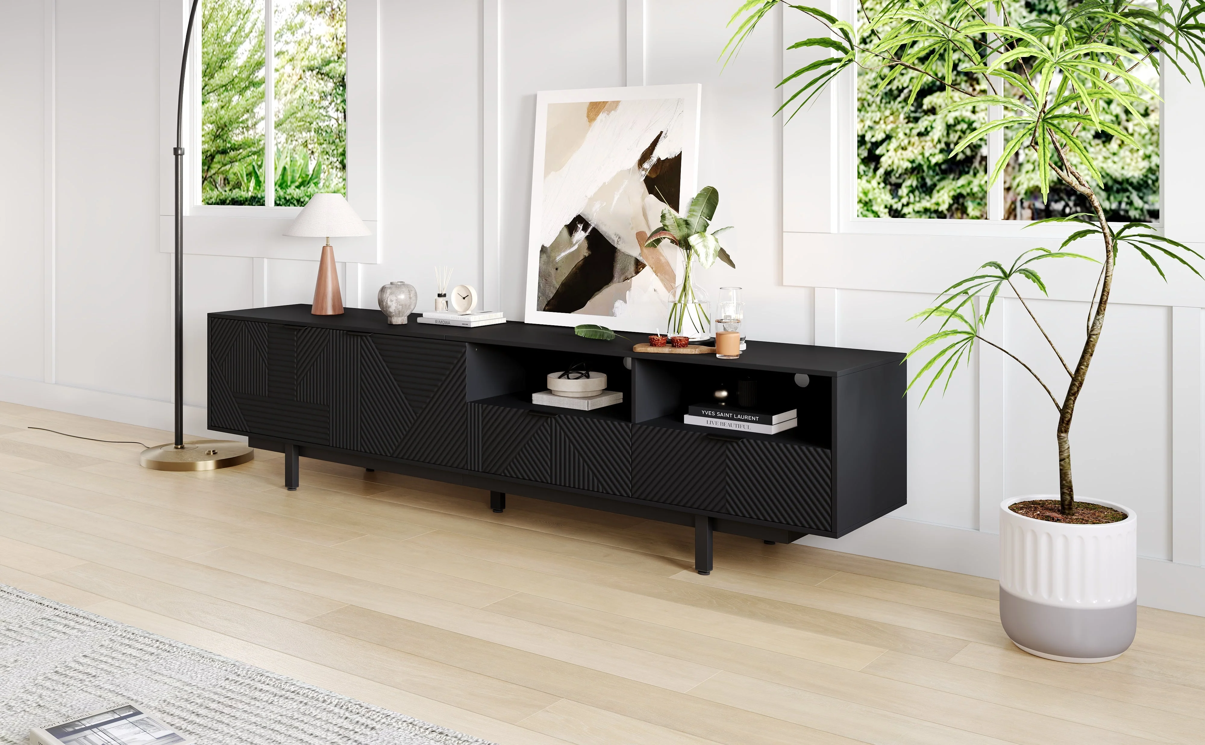 TV Cabinet Entertainment Center with Storage, Black Geometric Lines, Modern Bohemian Style - Image 2