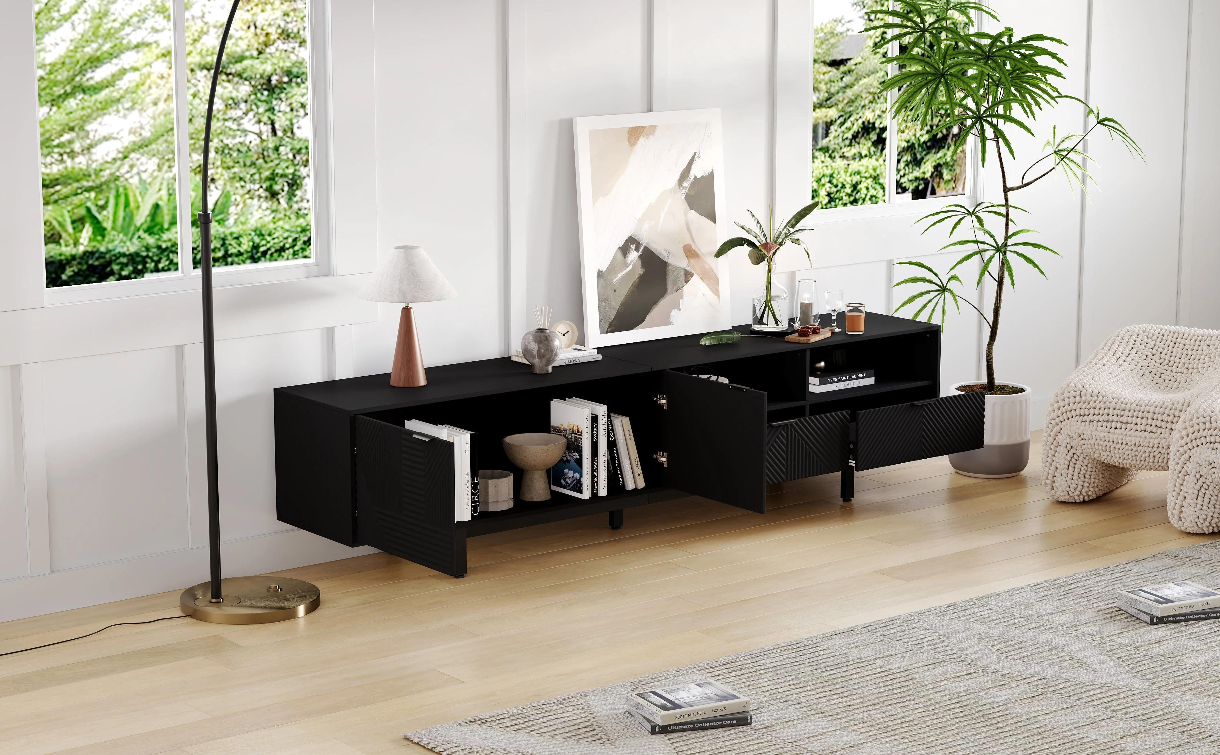 TV Cabinet Entertainment Center with Storage, Black Geometric Lines, Modern Bohemian Style - Image 4