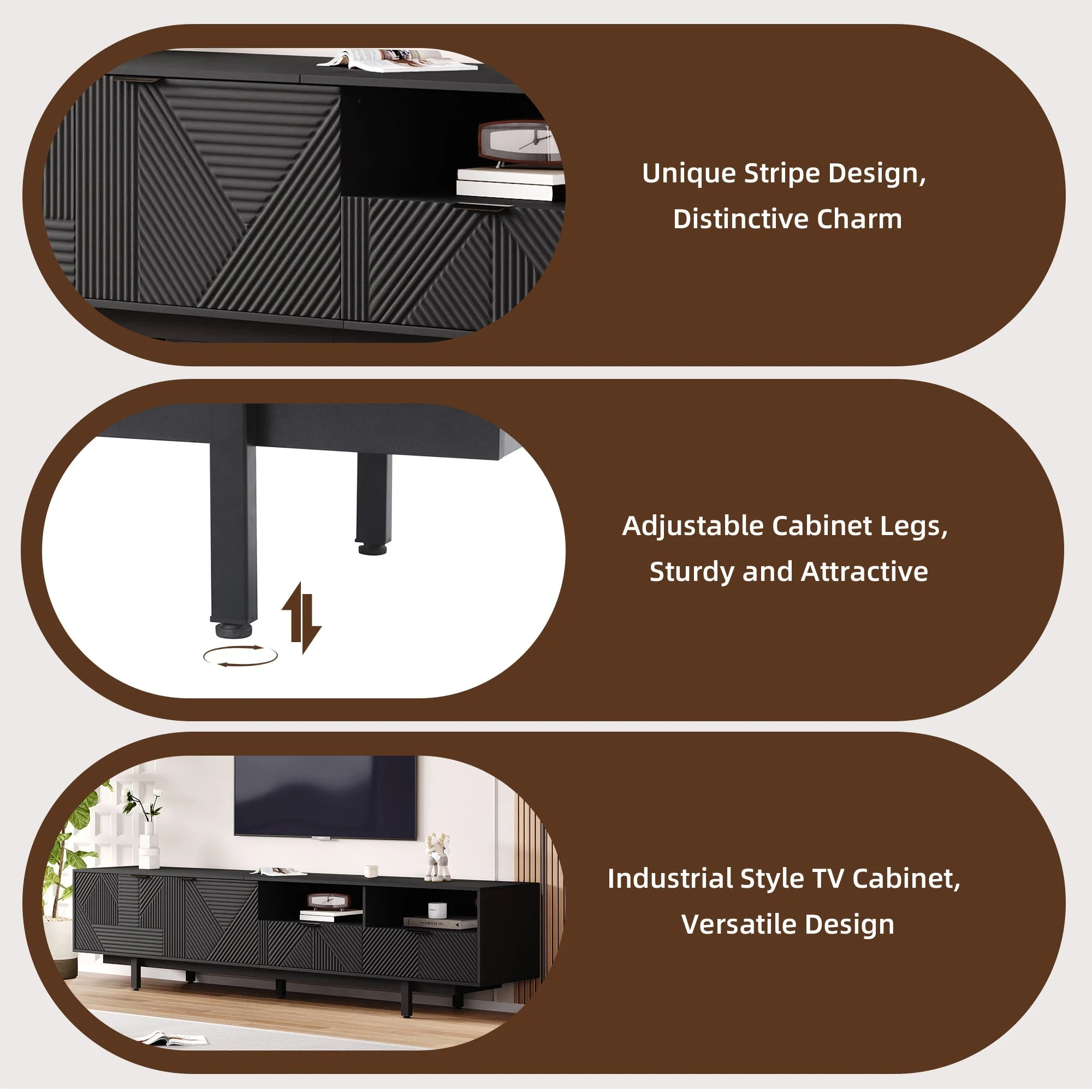 TV Cabinet Entertainment Center with Storage, Black Geometric Lines, Modern Bohemian Style - Image 5