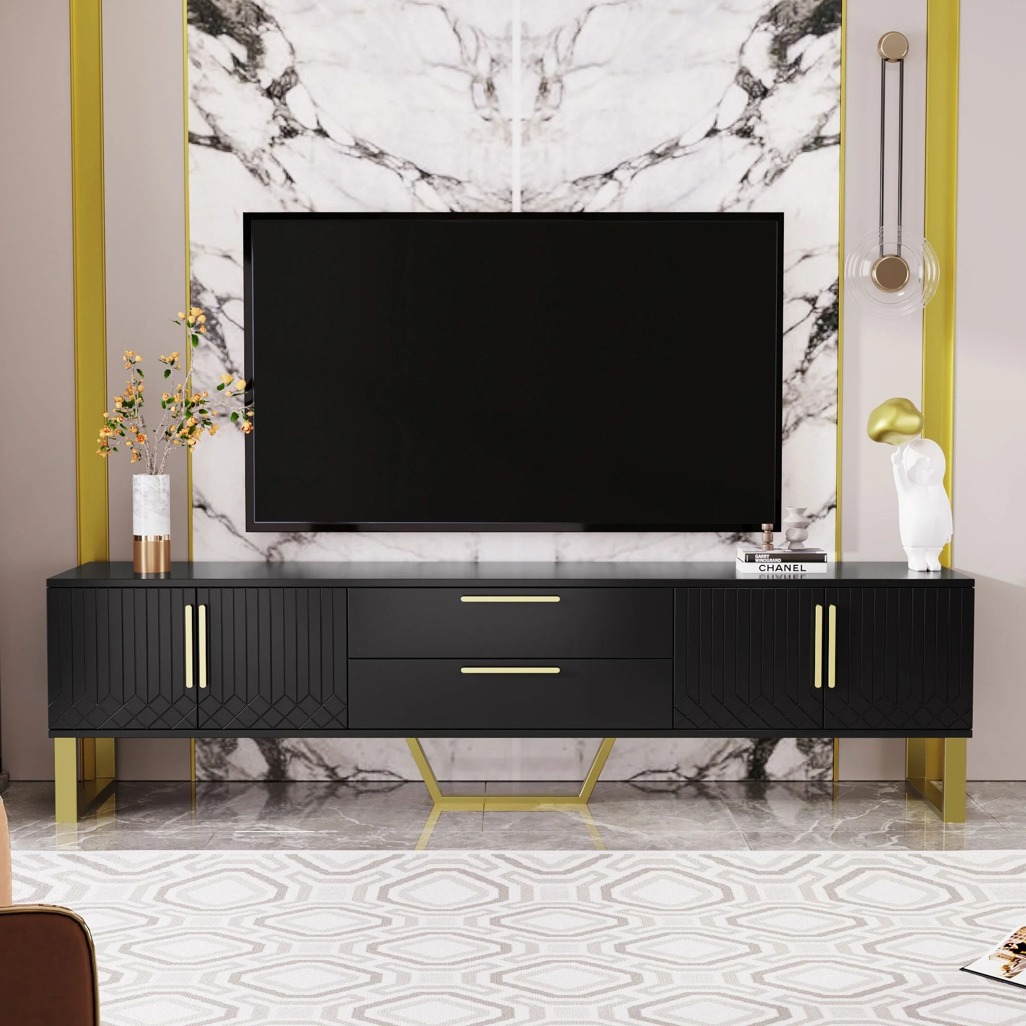 TV Cabinet High-Gloss Engraved Door Storage Gold Handles/Feet - Image 2