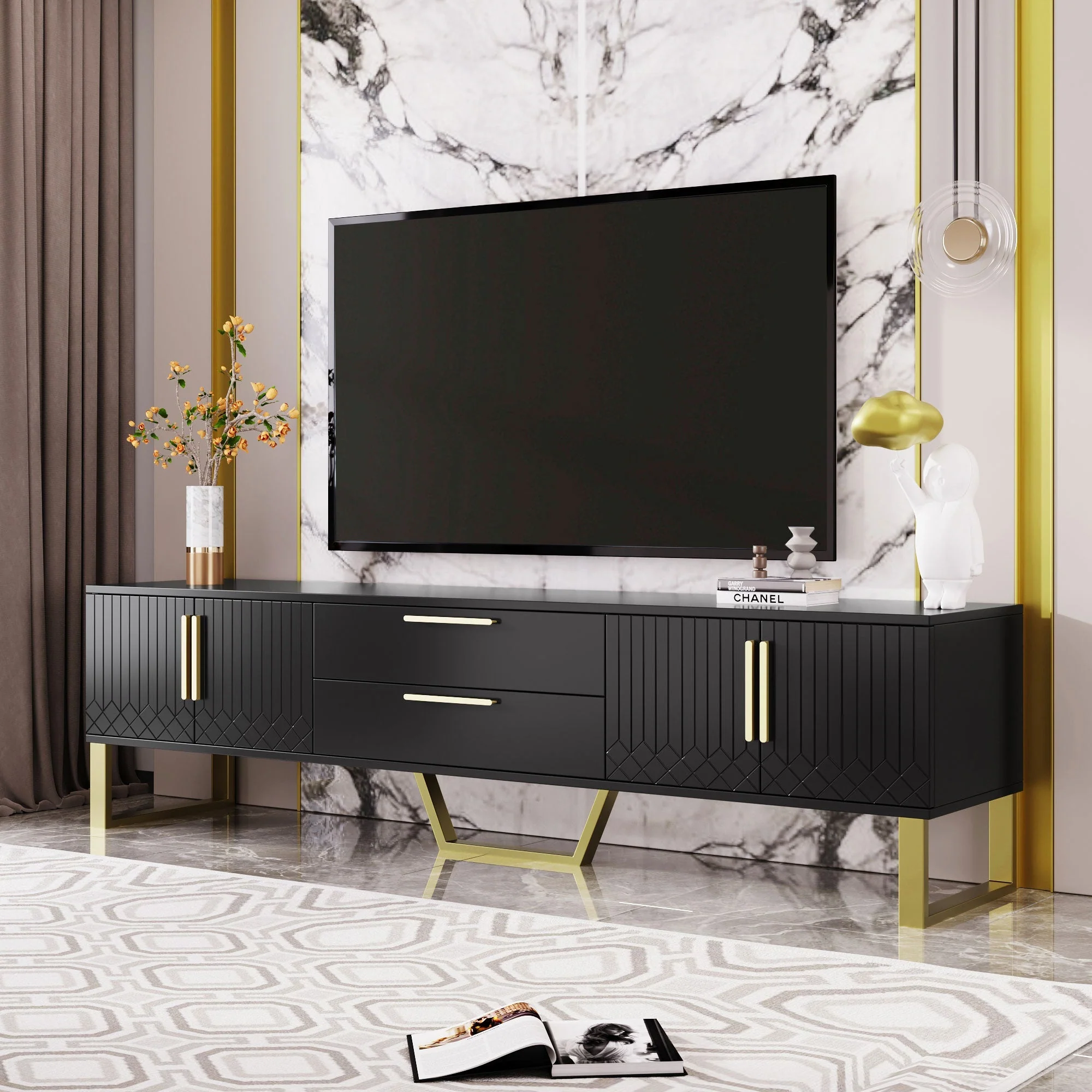 TV Cabinet High-Gloss Engraved Door Storage Gold Handles/Feet - Image 5
