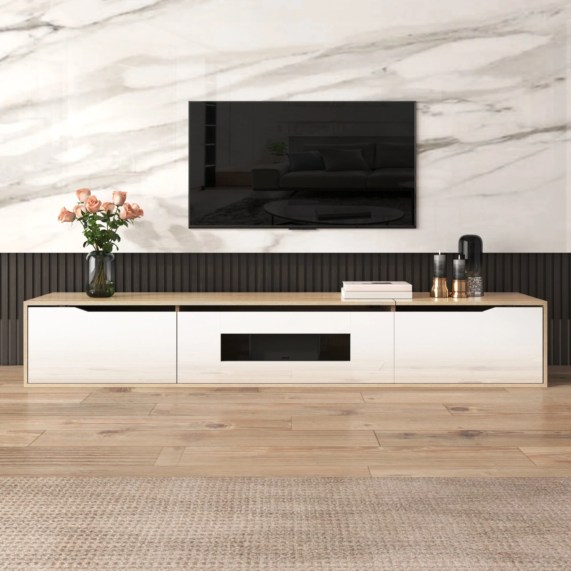 TV cabinet, high gloss, white and wood color, with color changing LED light - Image 6