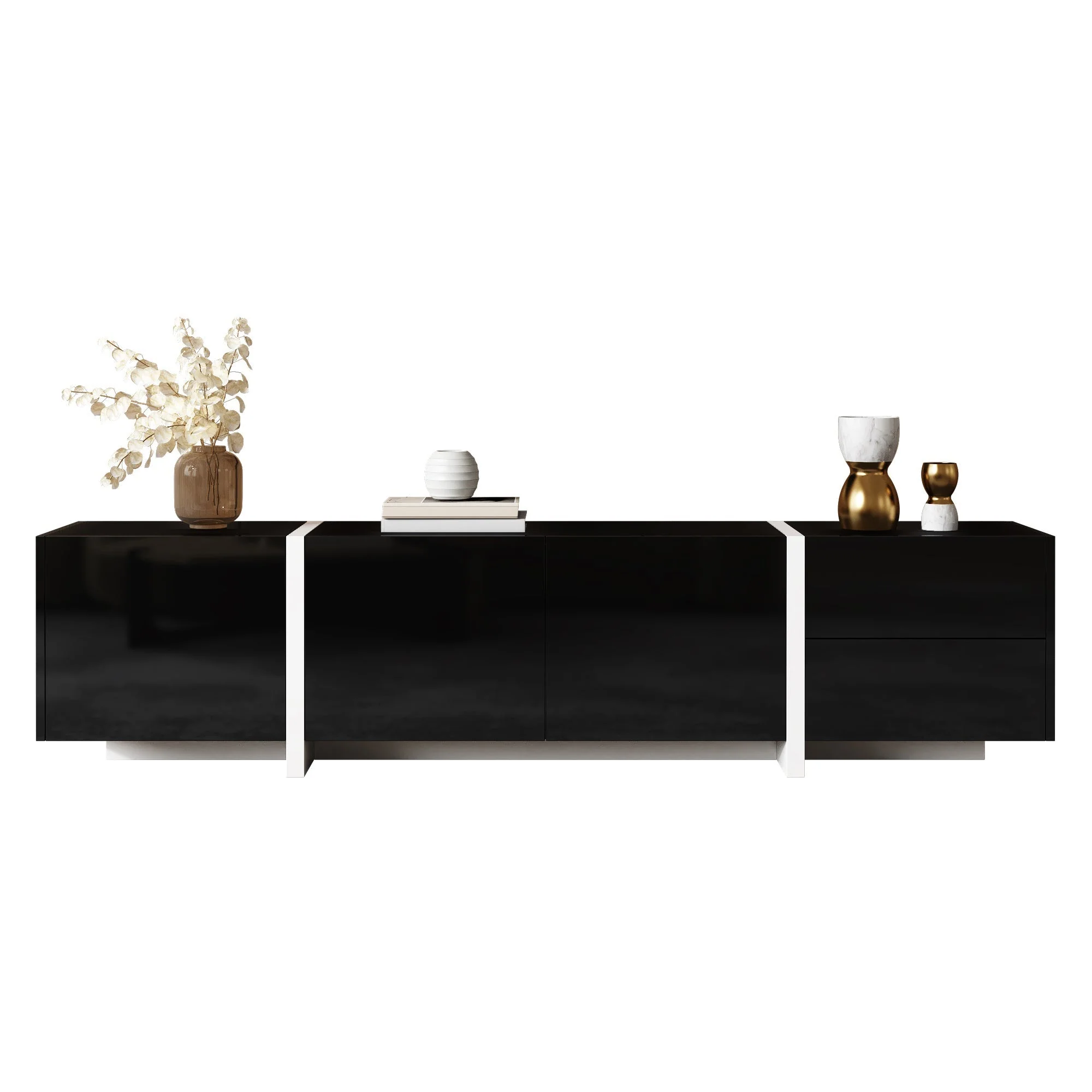 TV Cabinet, High-Gloss with Doors & Drawers, Black & White - Image 2