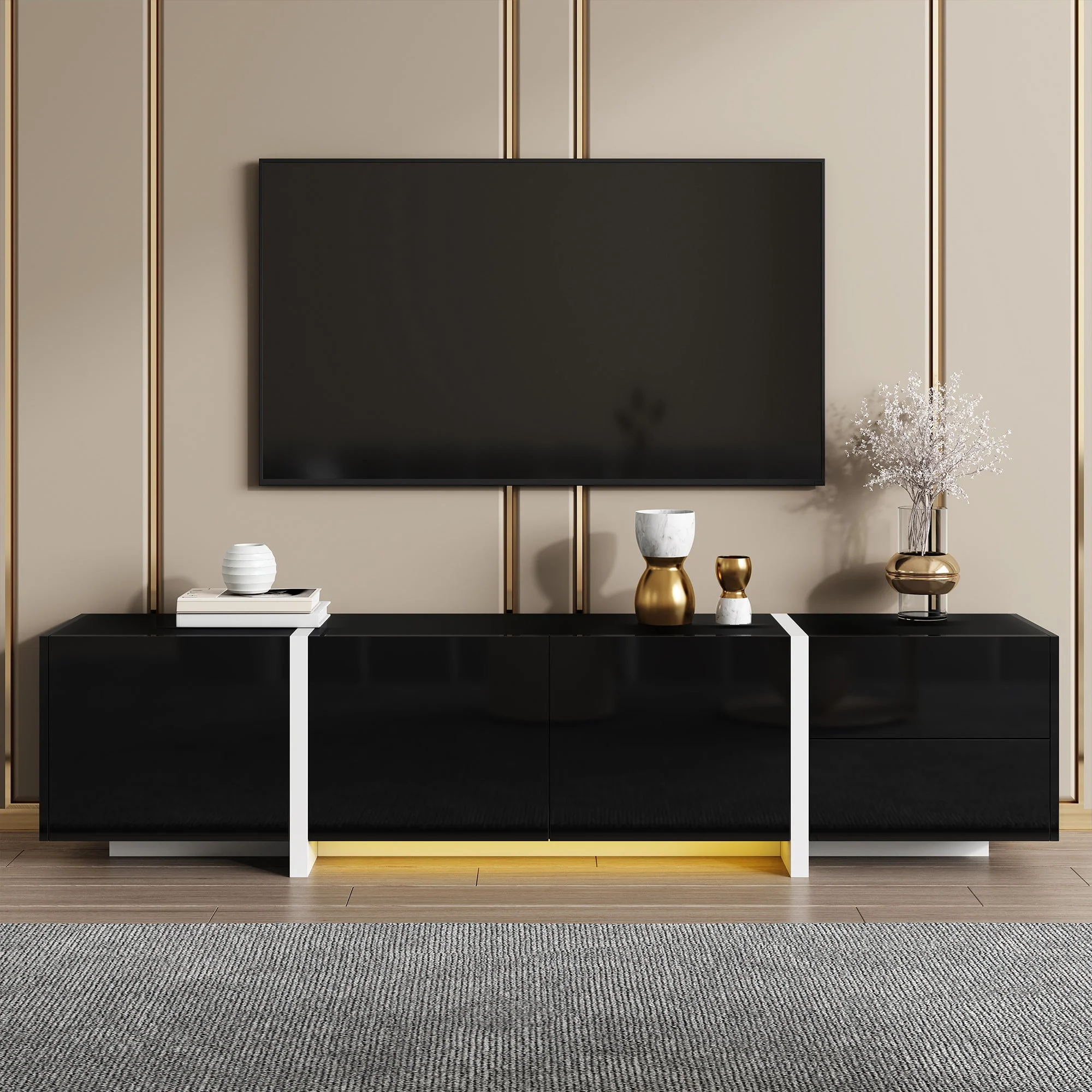 TV Cabinet, High-Gloss with Doors & Drawers, Black & White - Image 3