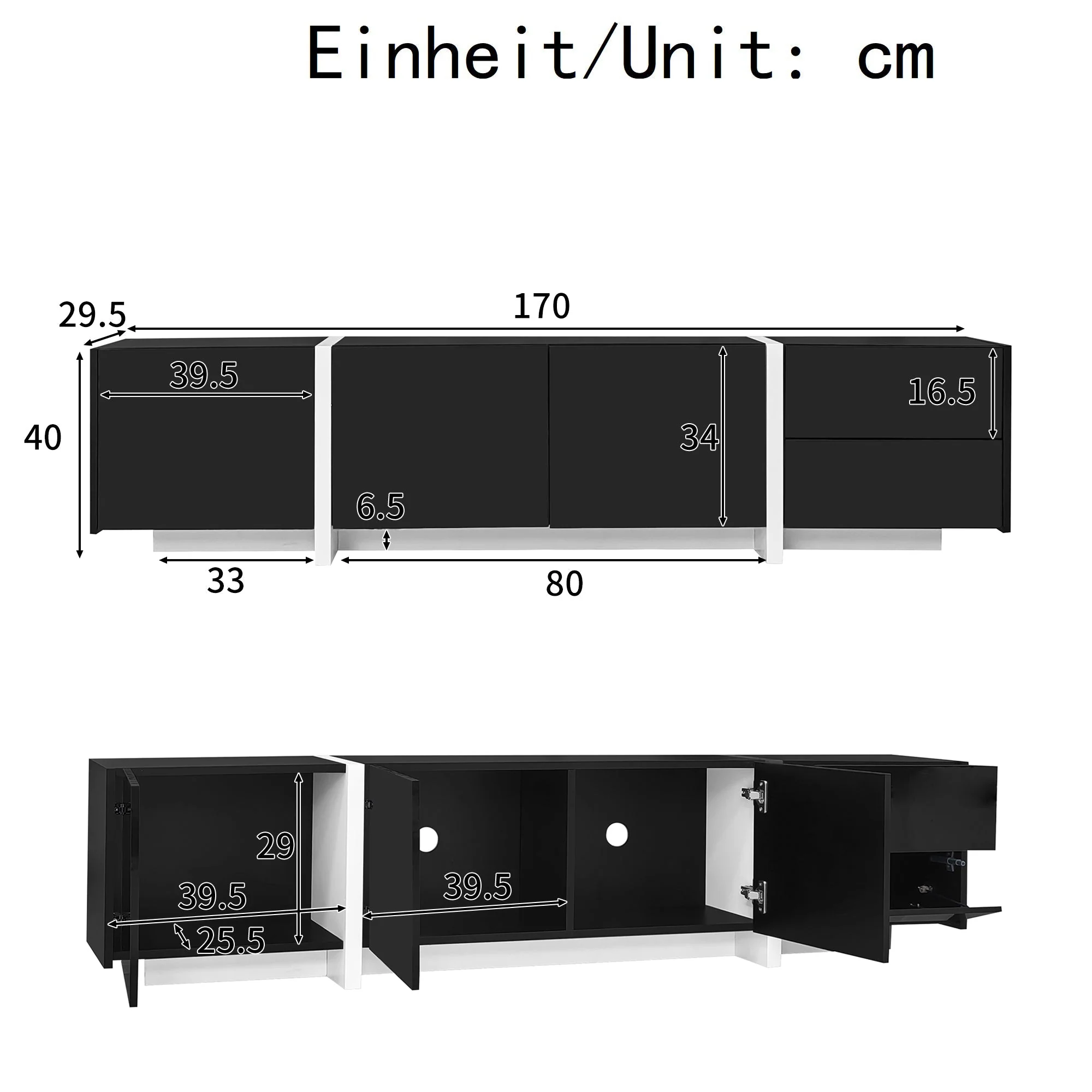 TV Cabinet, High-Gloss with Doors & Drawers, Black & White - Image 5