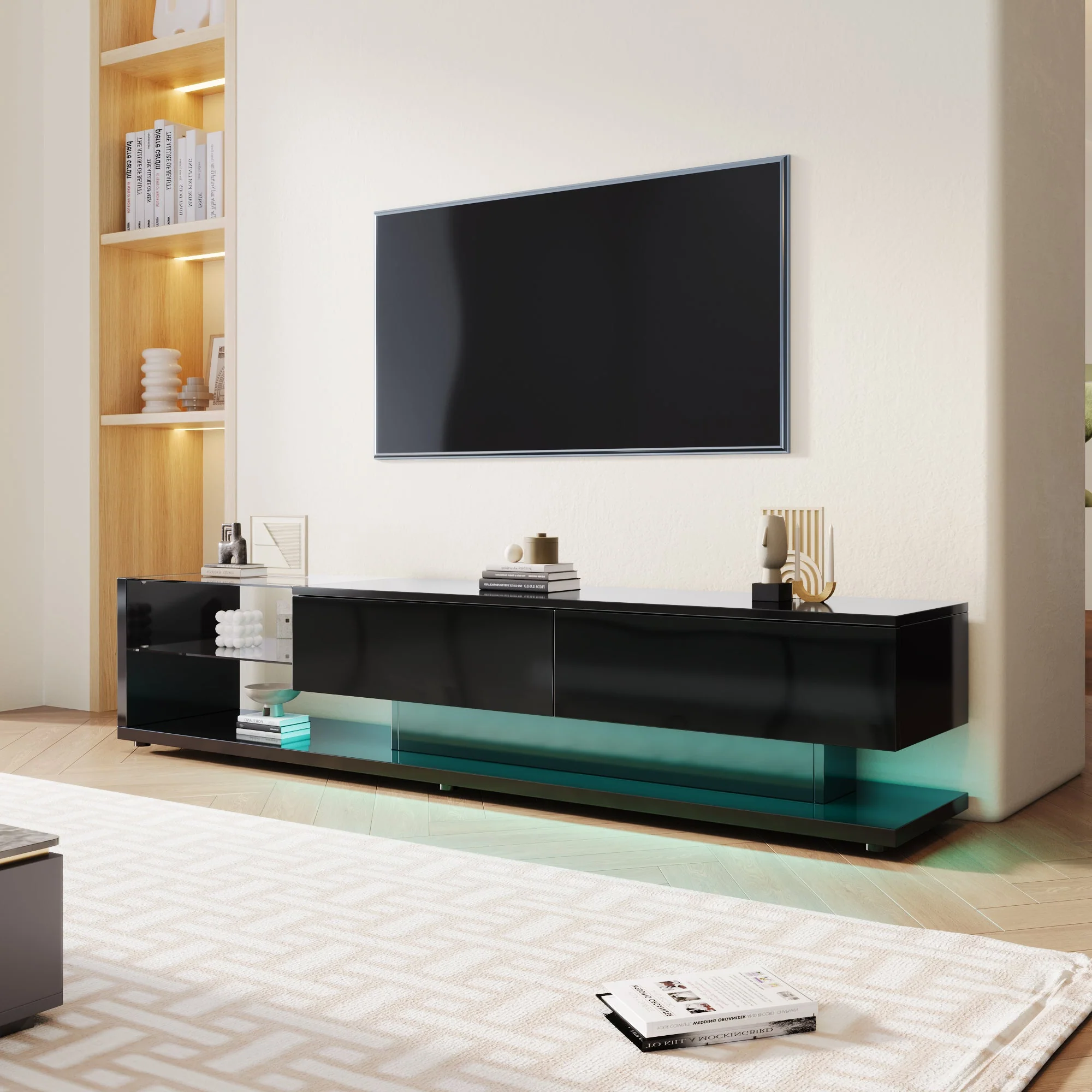 TV Cabinet, High-Gloss with Glass Partitions & LED Lighting, Rustic/Modern Design - Image 3