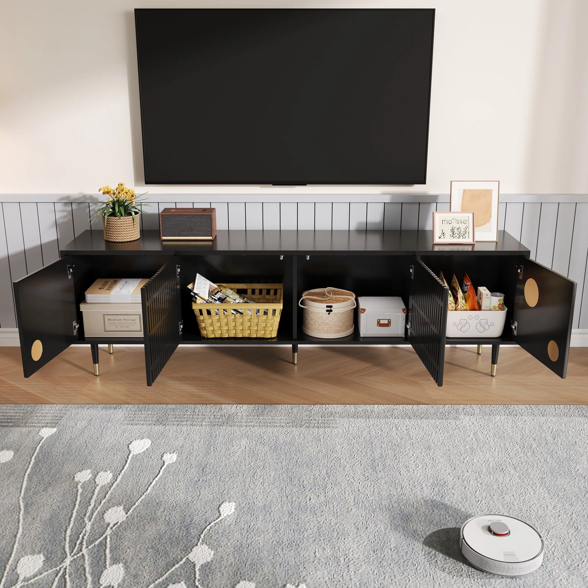 TV Cabinet, Lattice, Hidden Handles, Gold Decor, Solid Wood - Image 8