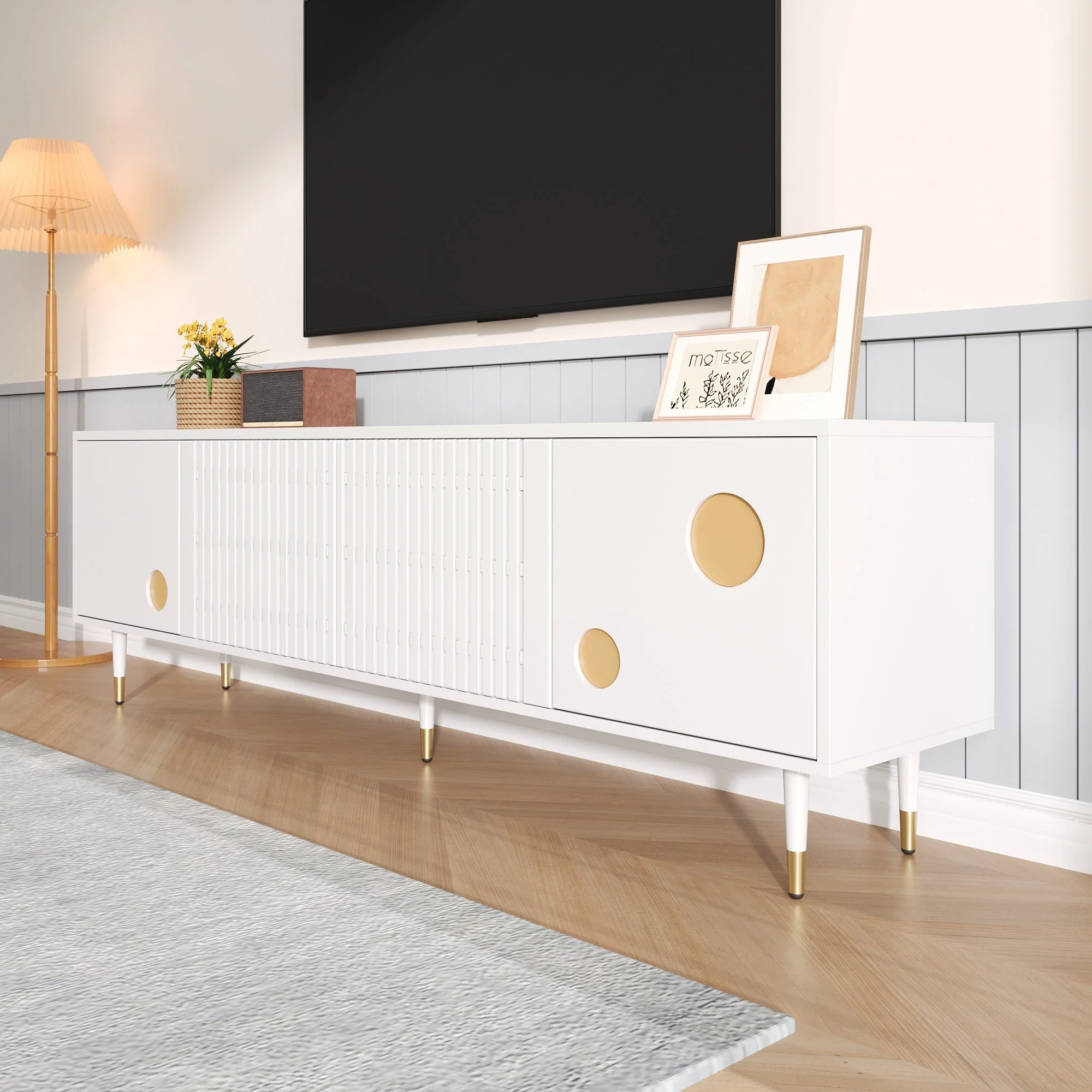 TV Cabinet, Lattice & Hidden Handles, Solid Wood Doors, Gold Decor - Image 4