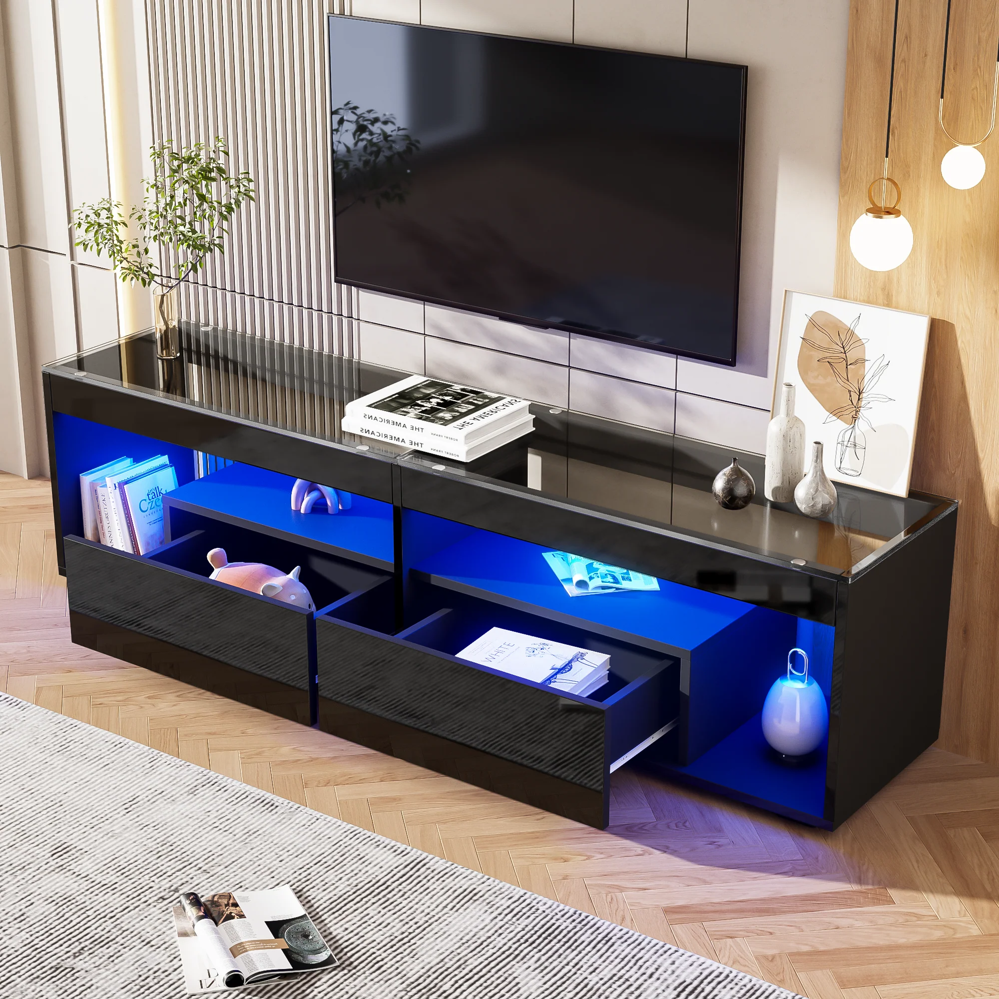 TV Cabinet, LED High-Gloss 70-inch with 2 Drawers, Black - Image 4