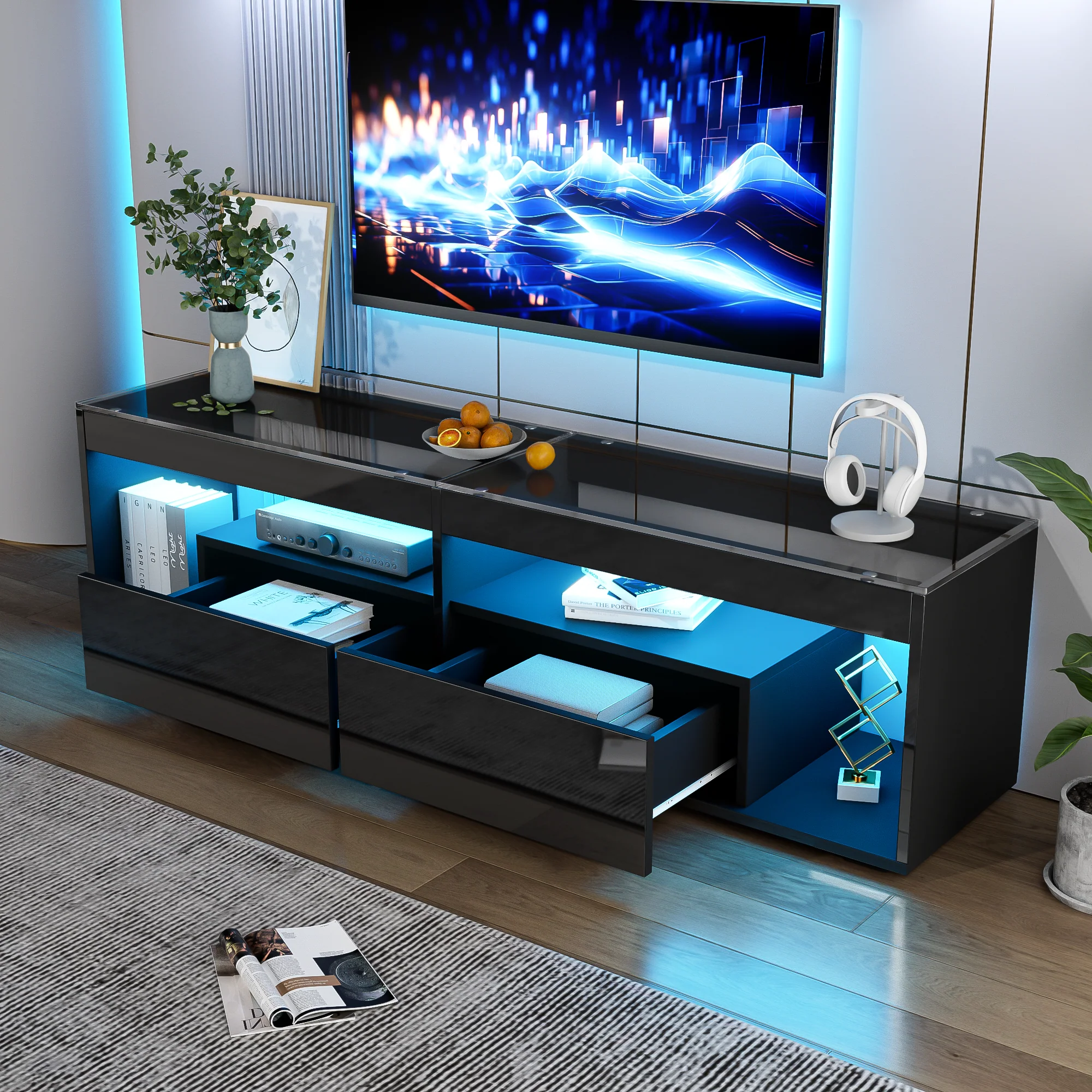 TV Cabinet, LED High-Gloss 70-inch with 2 Drawers, Black - Image 5
