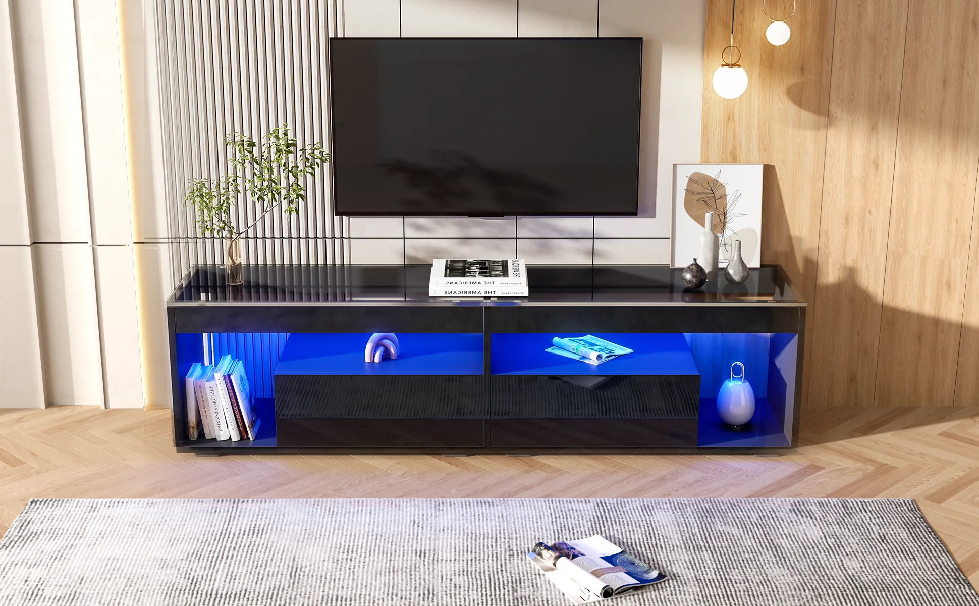 TV Cabinet, LED High-Gloss 70-inch with 2 Drawers, Black - Image 6