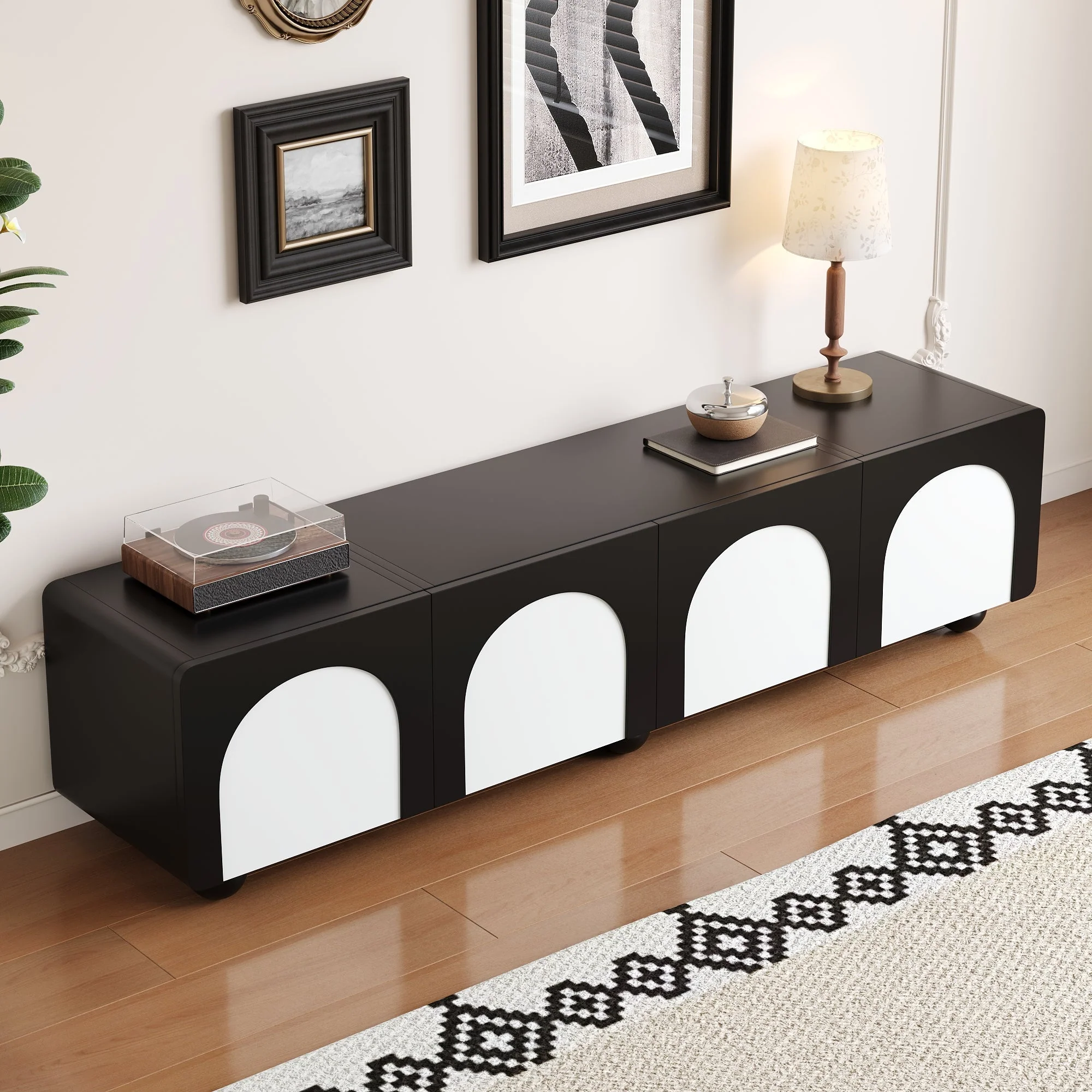 TV Cabinet Low 180cm 2 Drawers 2 Doors Black and White - Image 6