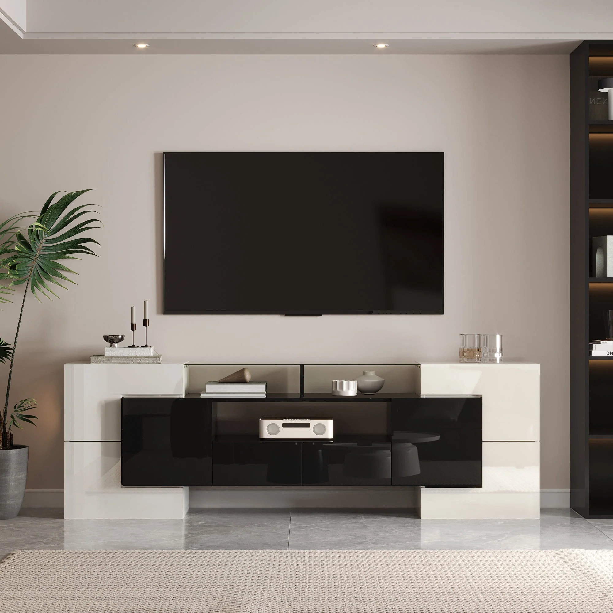 TV Cabinet Low Panel 200 cm LED Lighting High-Gloss White/Black with Glass Surface - Image 2