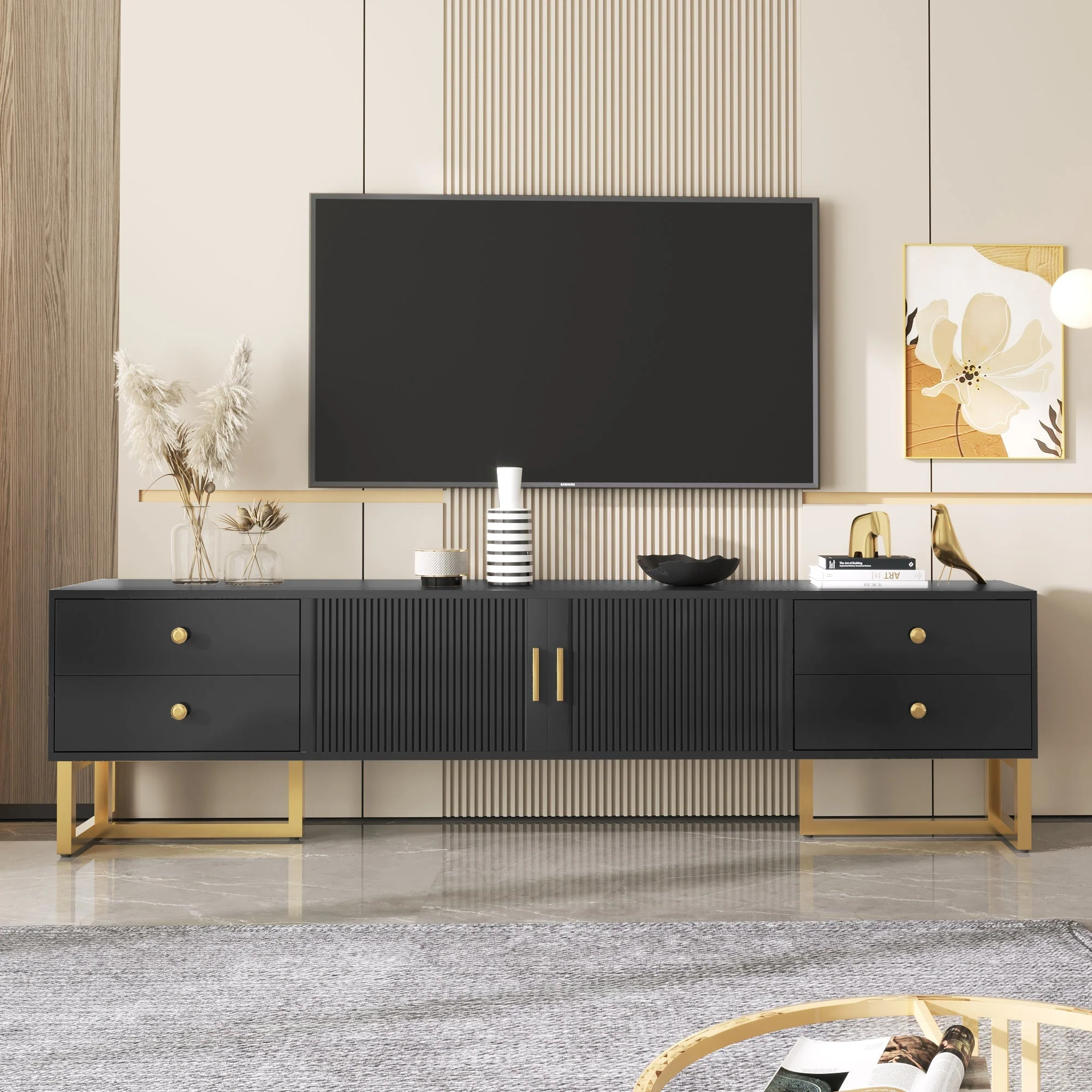 TV Cabinet, Low Panel Textured Door with Drawers, Gold Handles & Feet - Image 2