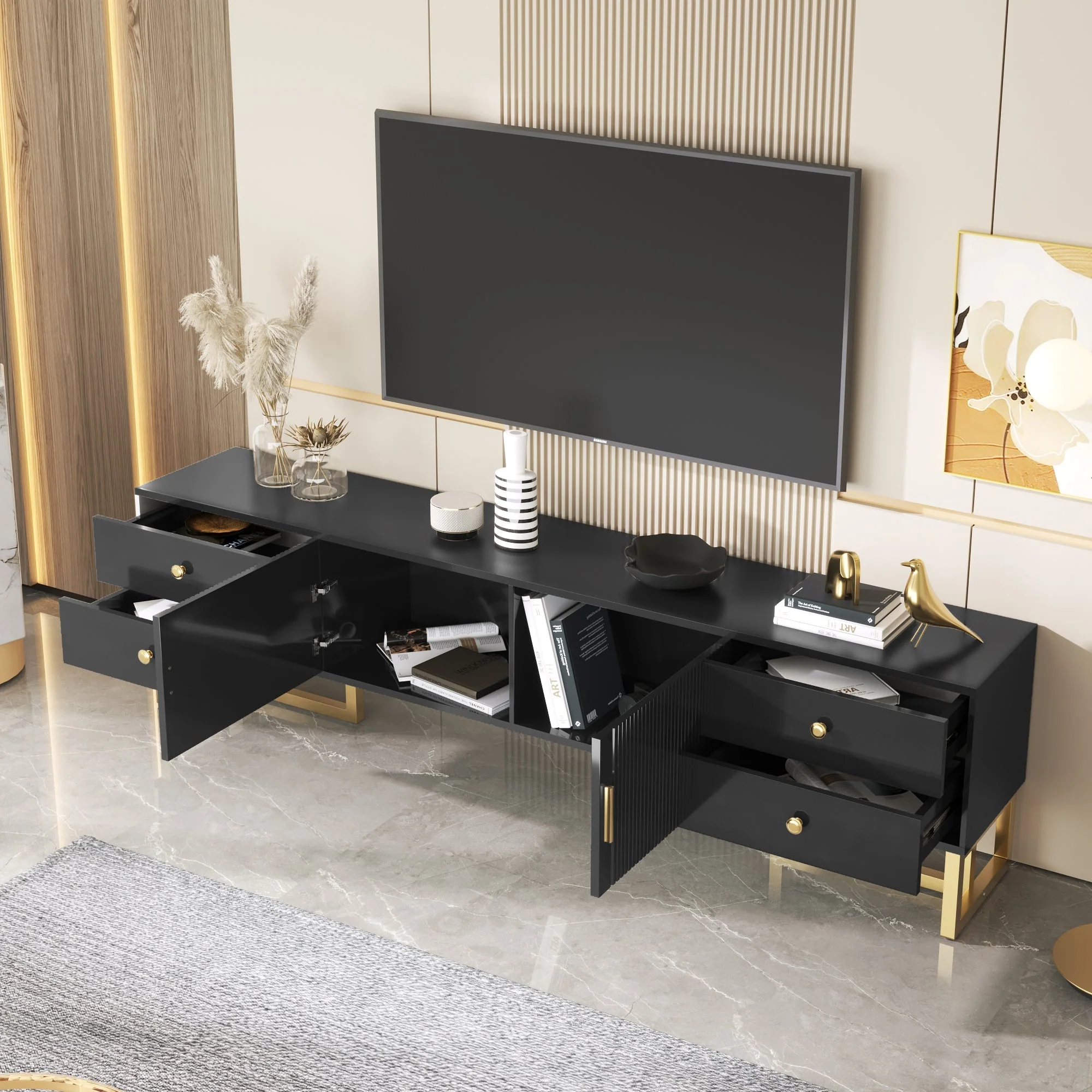 TV Cabinet, Low Panel Textured Door with Drawers, Gold Handles & Feet - Image 5
