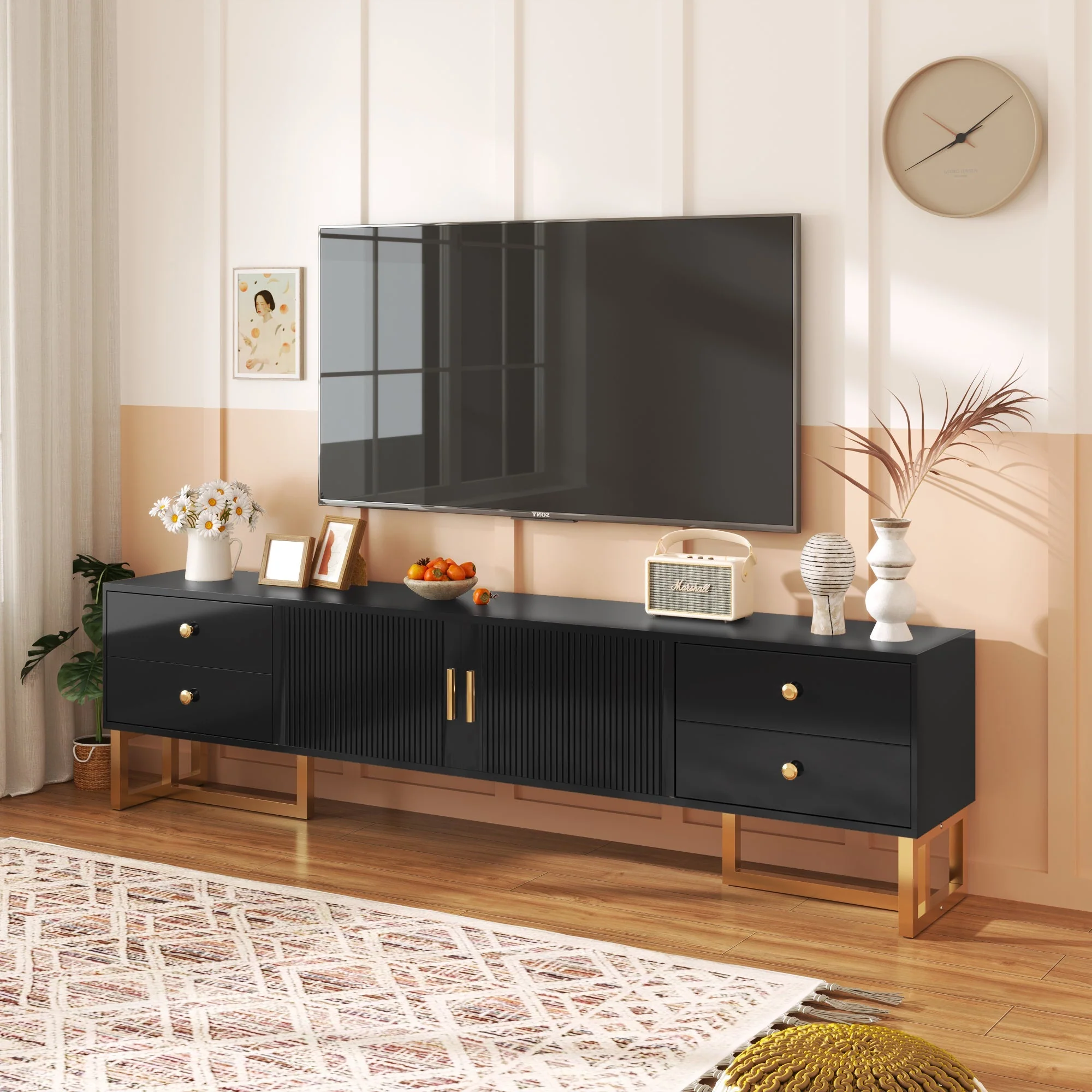 TV Cabinet, Low Panel Textured Door with Drawers, Gold Handles & Feet - Image 6