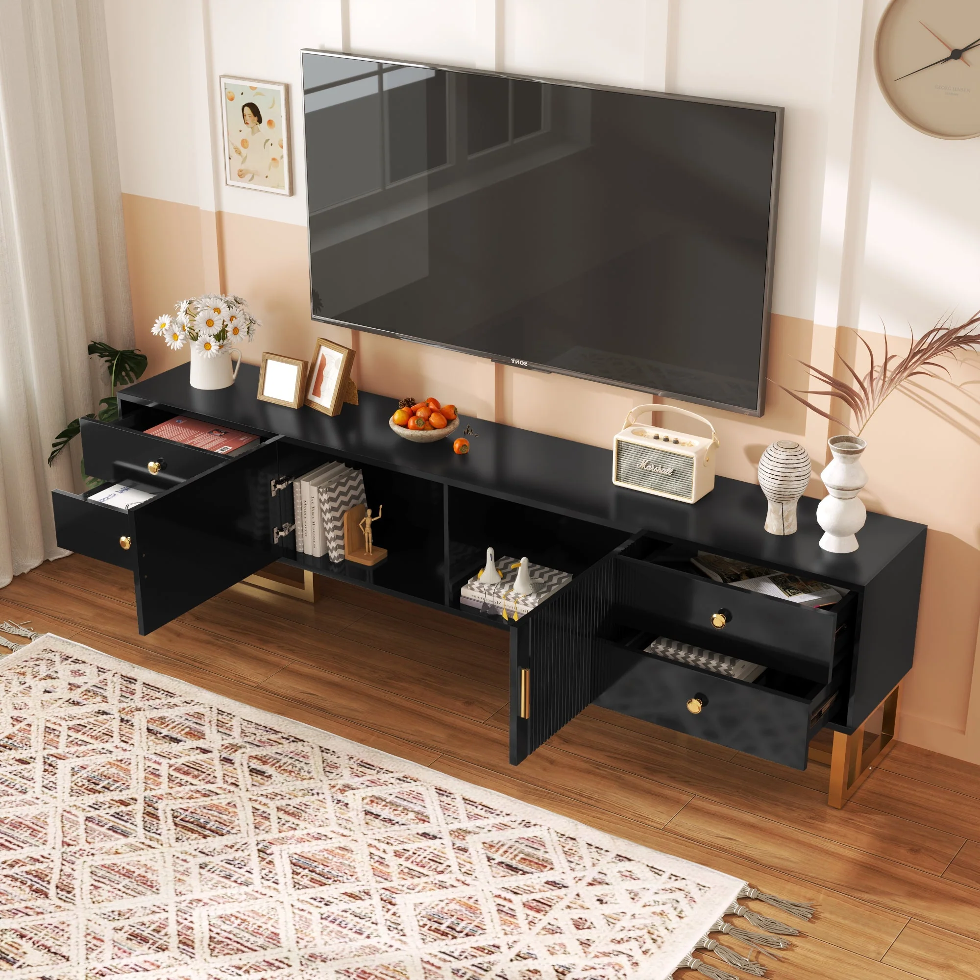 TV Cabinet, Low Panel Textured Door with Drawers, Gold Handles & Feet - Image 7