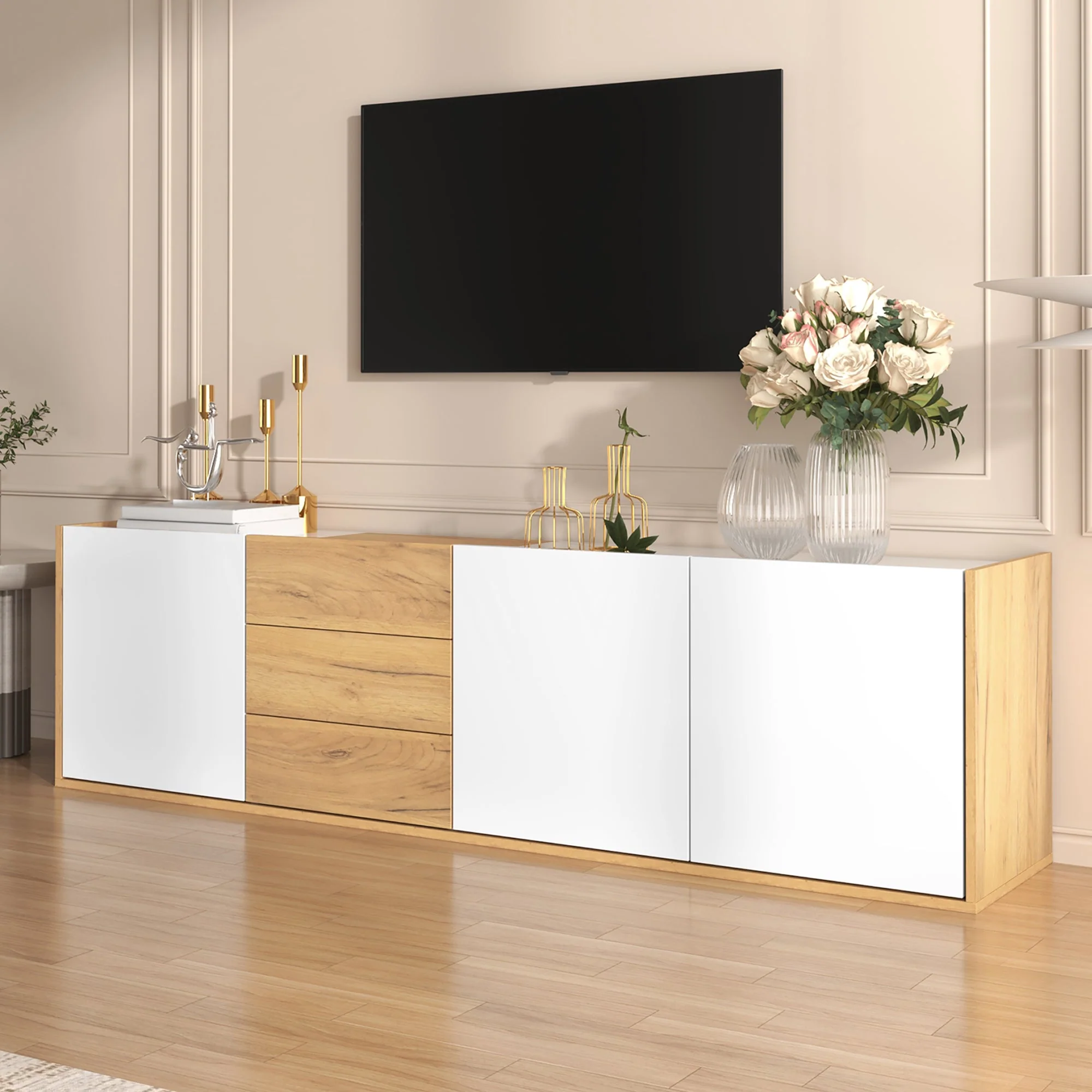 TV Cabinet, Low Panel Wall/Floor Mount, White and Wood - Image 6