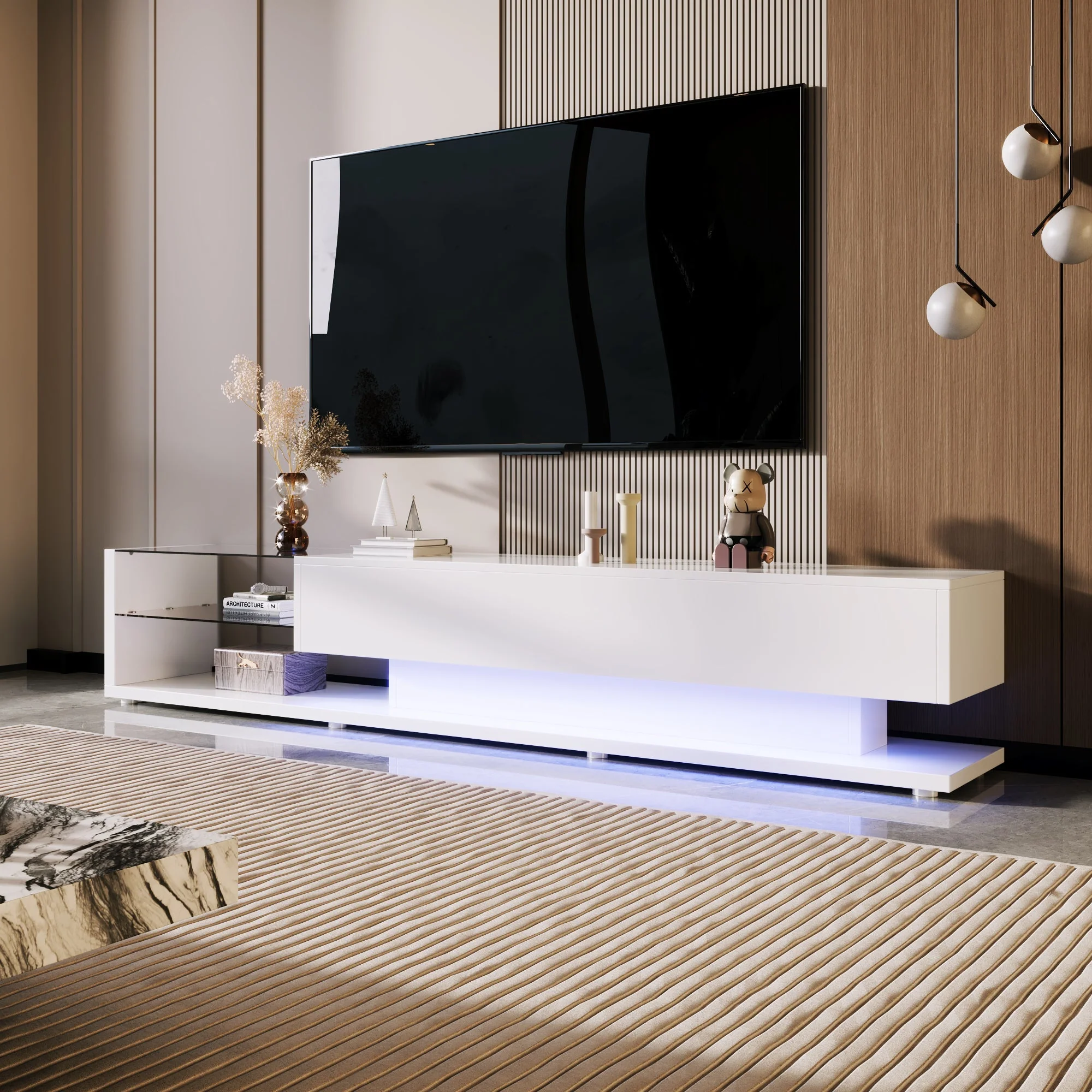 TV Cabinet, Low Panel with Glass Partitions & LED Lighting, High-Gloss White - Image 10
