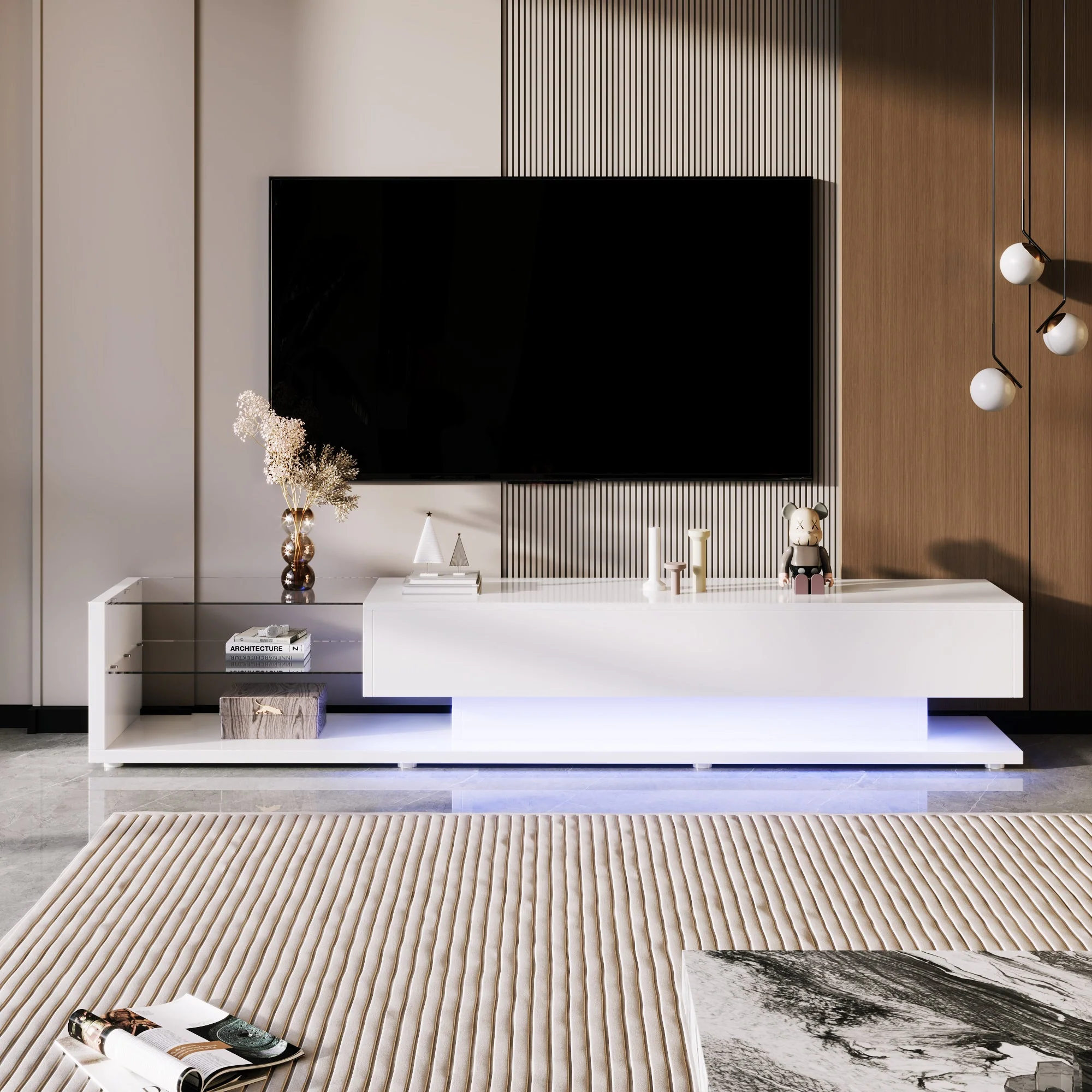 TV Cabinet, Low Panel with Glass Partitions & LED Lighting, High-Gloss White - Image 2