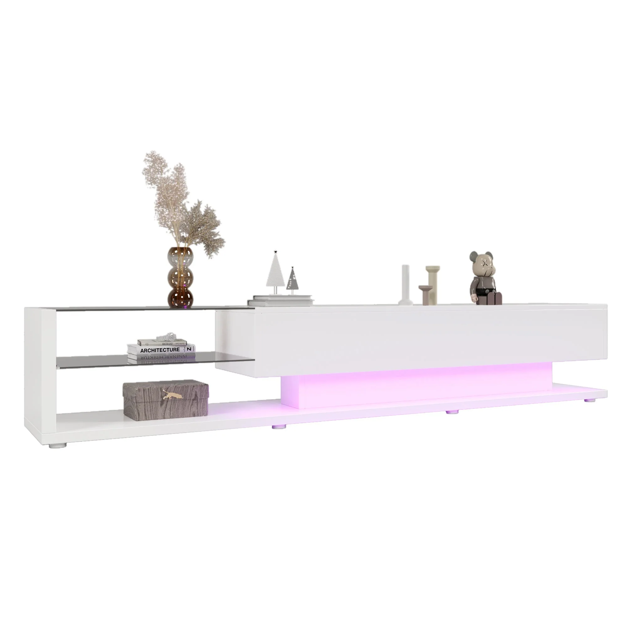 TV Cabinet, Low Panel with Glass Partitions & LED Lighting, High-Gloss White - Image 3