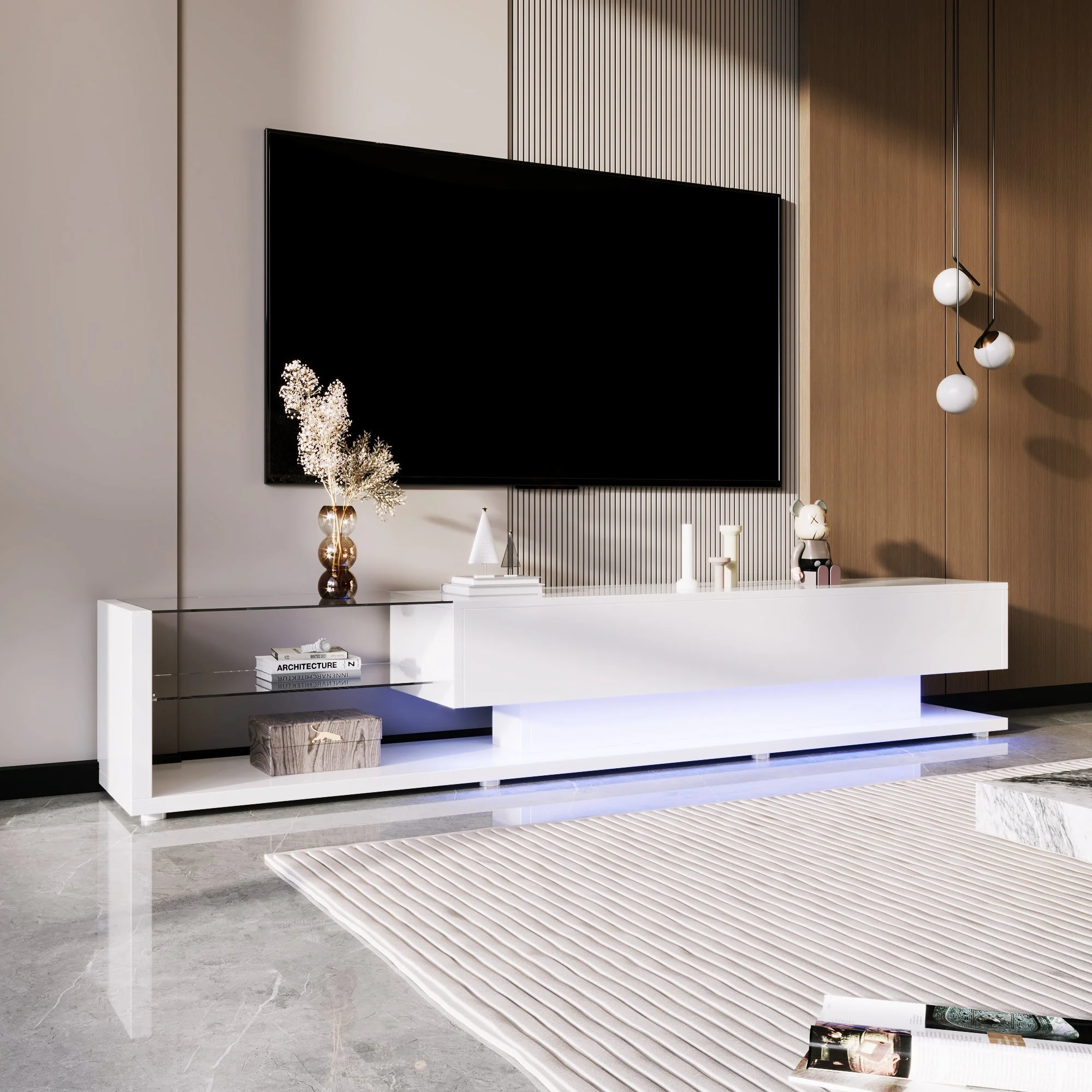 TV Cabinet, Low Panel with Glass Partitions & LED Lighting, High-Gloss White - Image 4