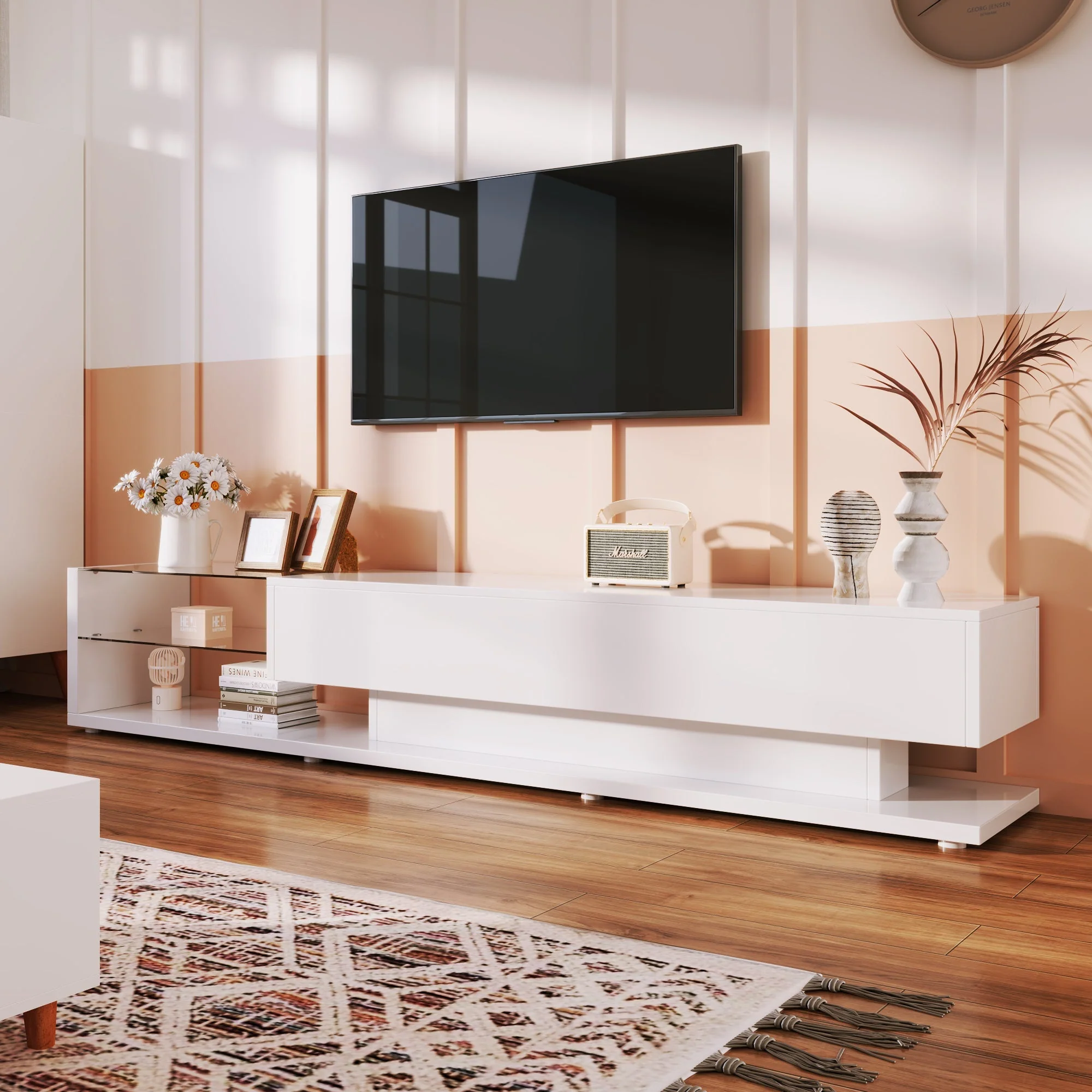 TV Cabinet, Low Panel with Glass Partitions & LED Lighting, High-Gloss White - Image 5