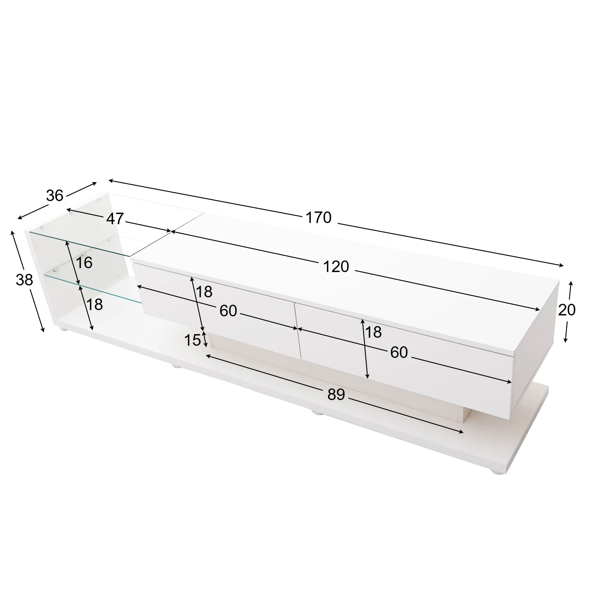 TV Cabinet, Low Panel with Glass Partitions & LED Lighting, High-Gloss White - Image 6