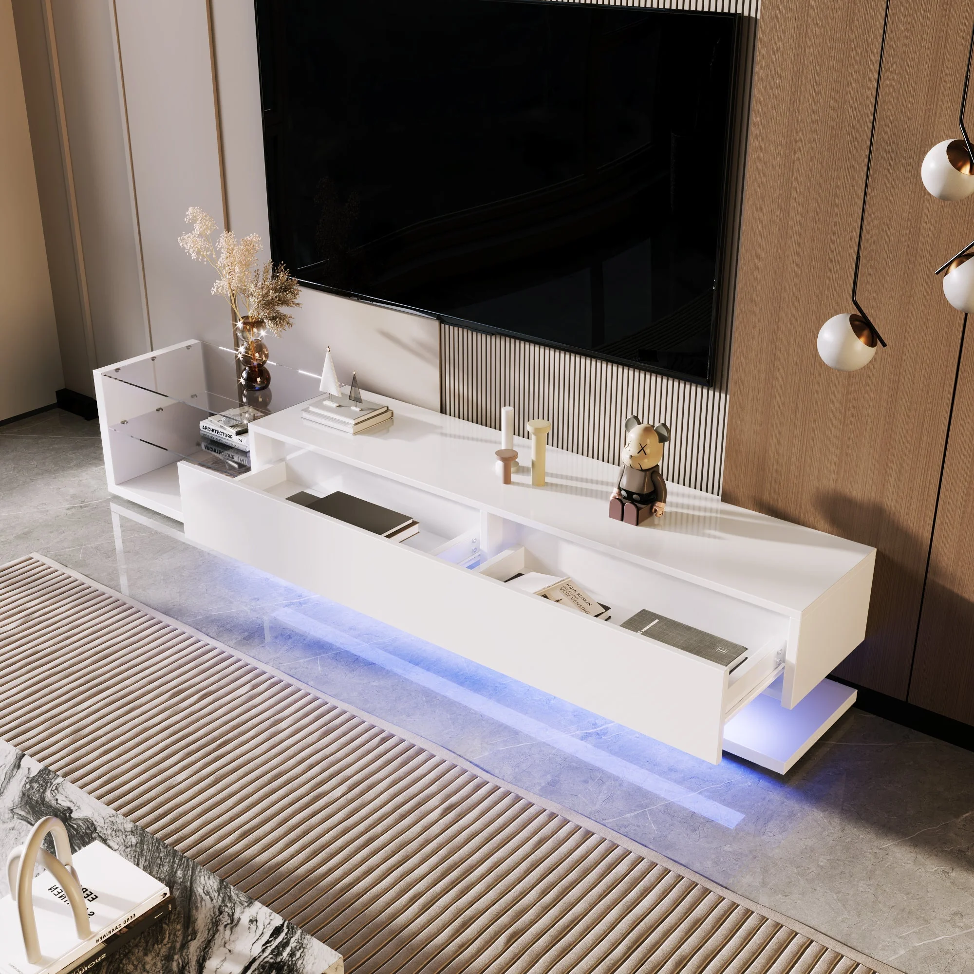 TV Cabinet, Low Panel with Glass Partitions & LED Lighting, High-Gloss White - Image 7