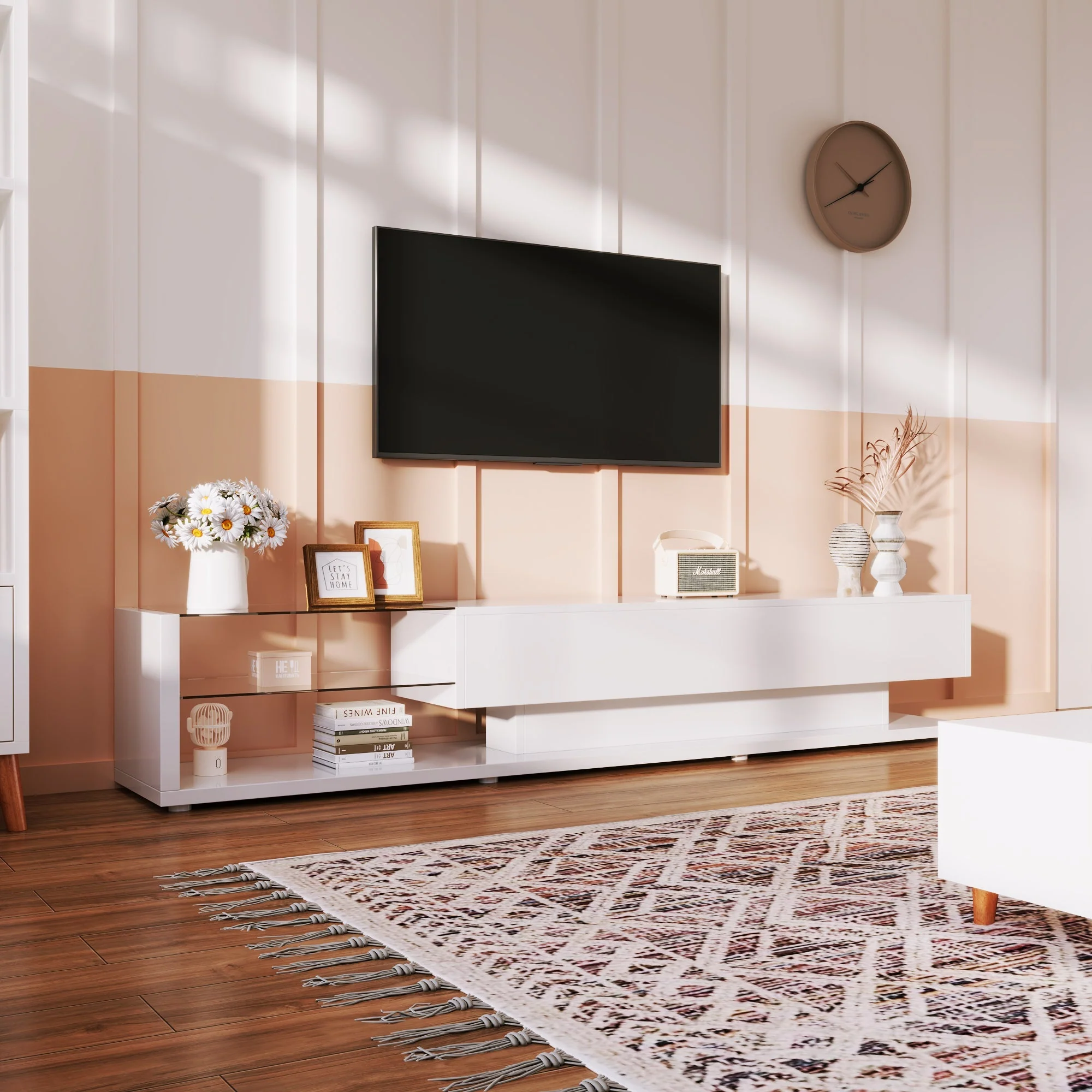 TV Cabinet, Low Panel with Glass Partitions & LED Lighting, High-Gloss White - Image 8
